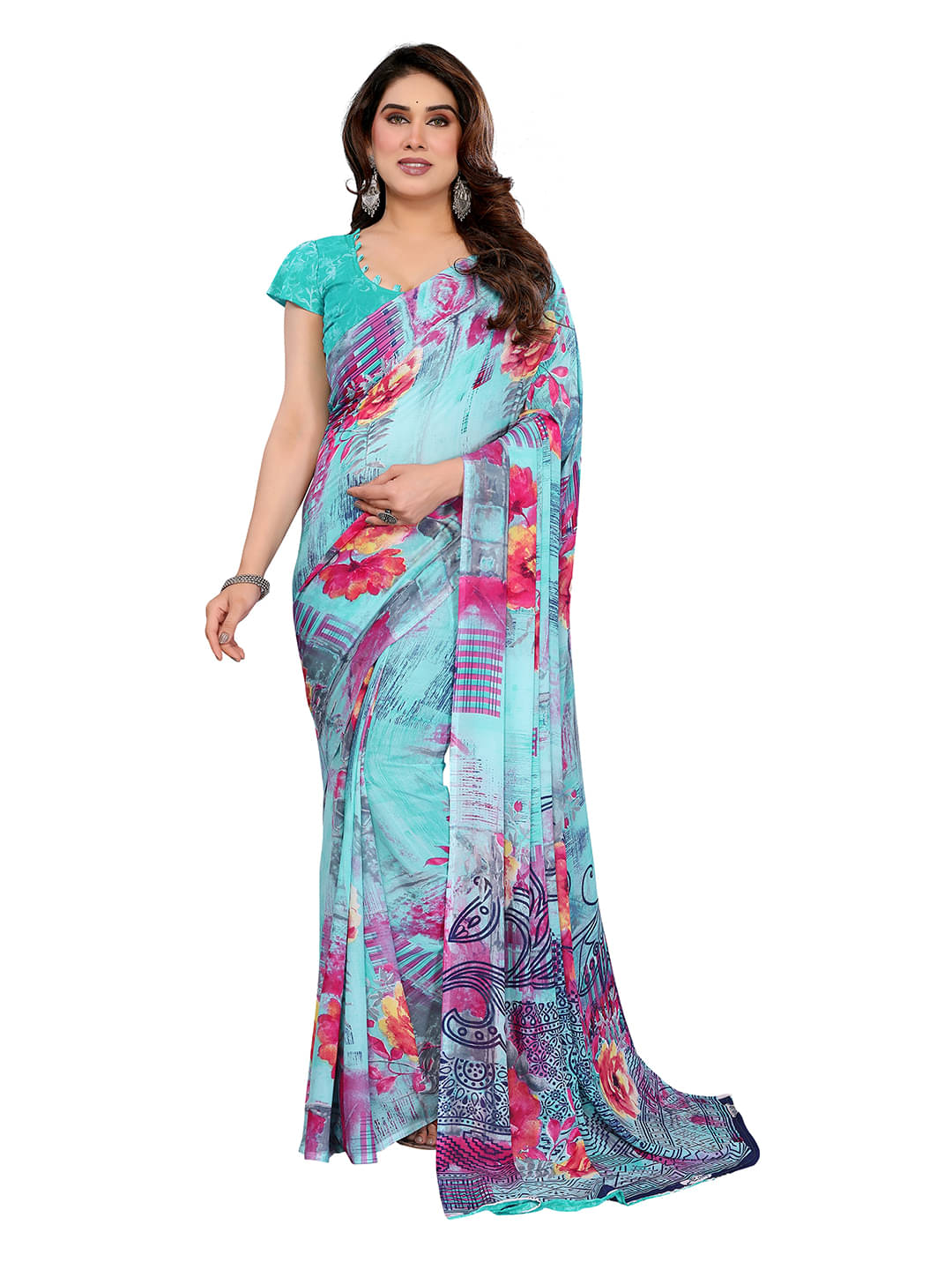     			ANAND SAREES Georgette Printed Ilkal Saree With Unstitched Blouse Piece ( Rama )