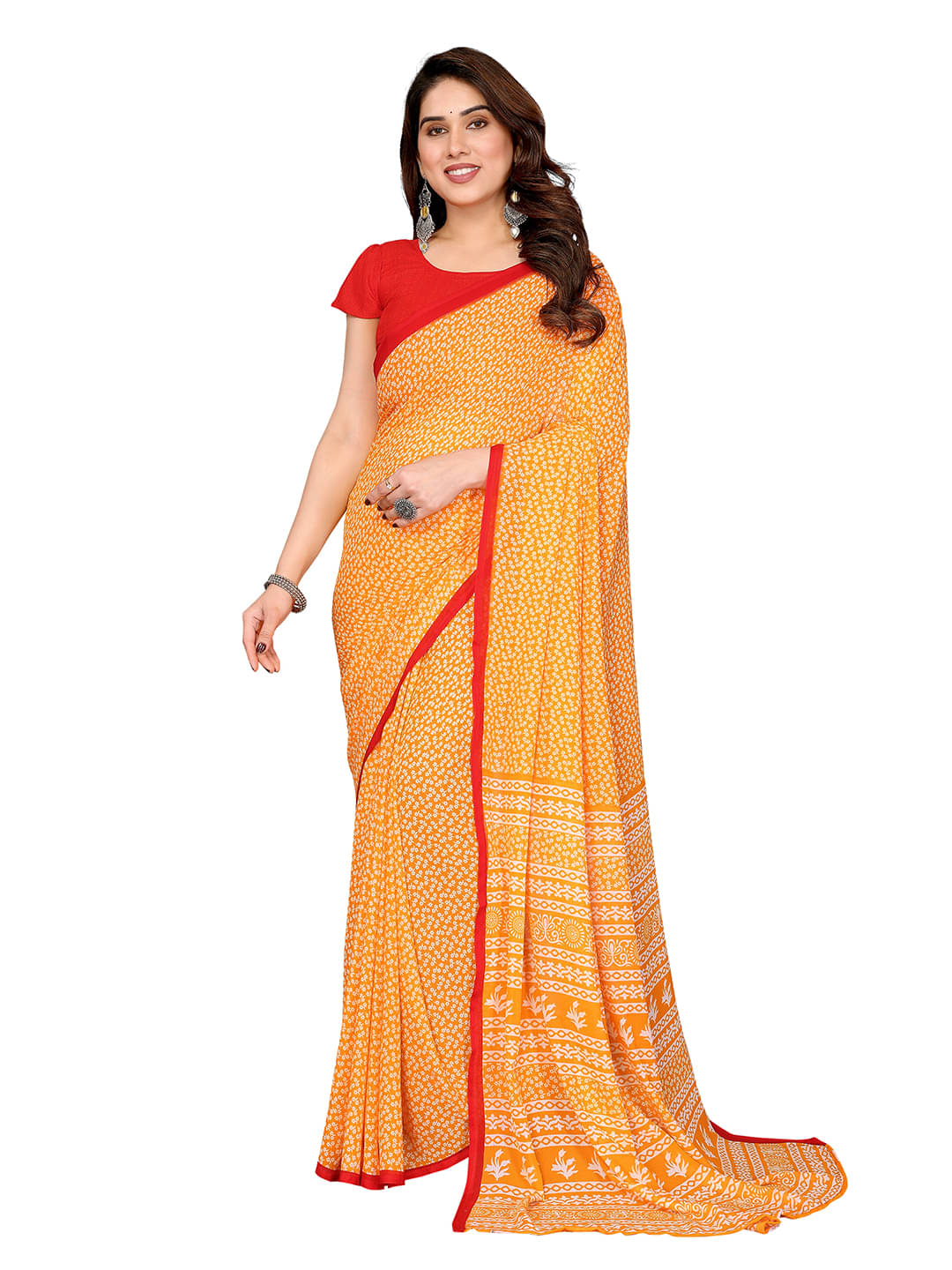 ANAND SAREES Georgette Printed Ilkal Saree With Unstitched Blouse Piece ( Yellow ) ANAND SAREES Georgette Printed Ilkal Saree With Unstitched Blouse Piece ( Yellow )