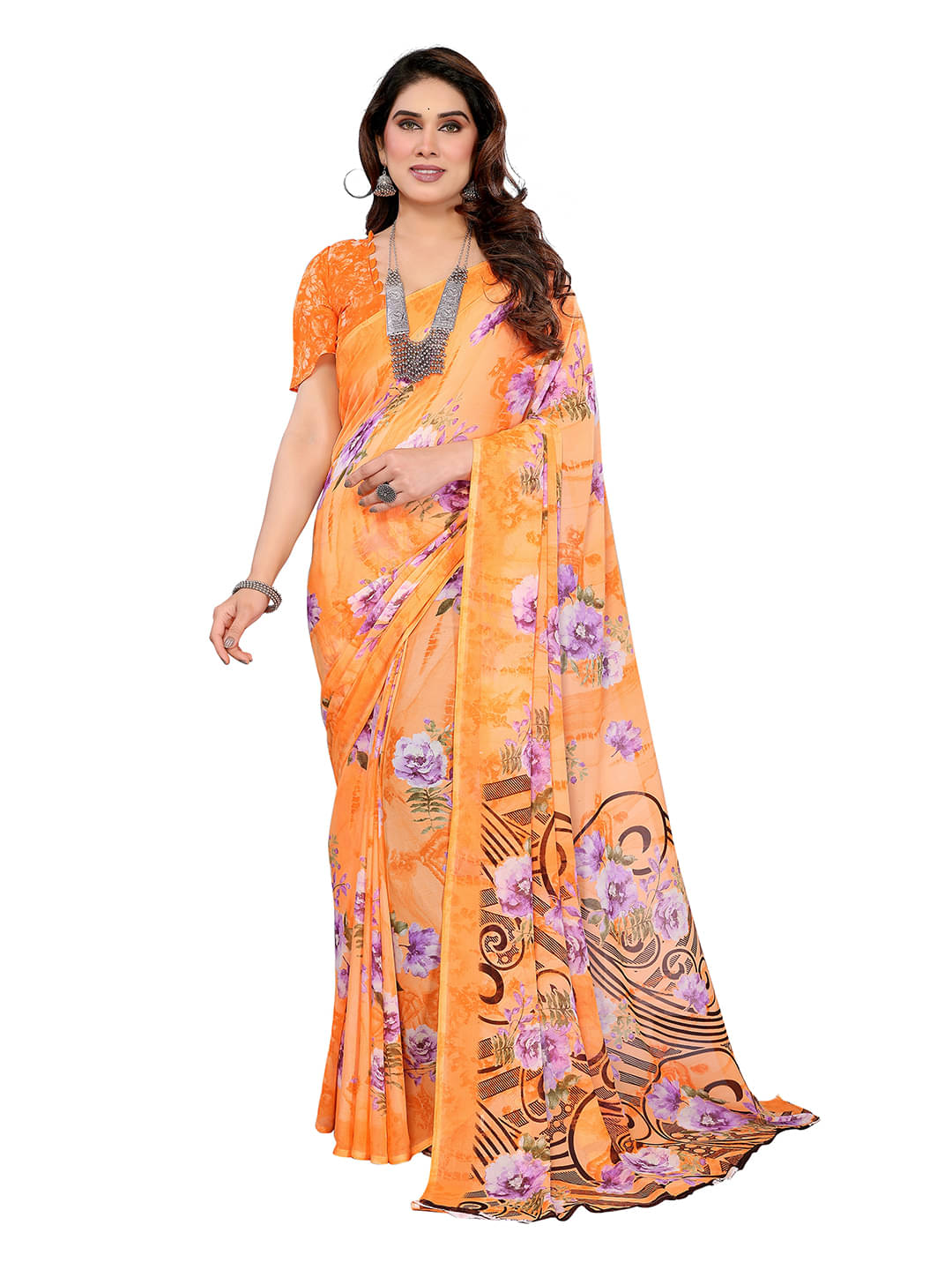 ANAND SAREES Georgette Printed Ilkal Saree With Unstitched Blouse Piece ( Orange ) ANAND SAREES Georgette Printed Ilkal Saree With Unstitched Blouse Piece ( Orange )
