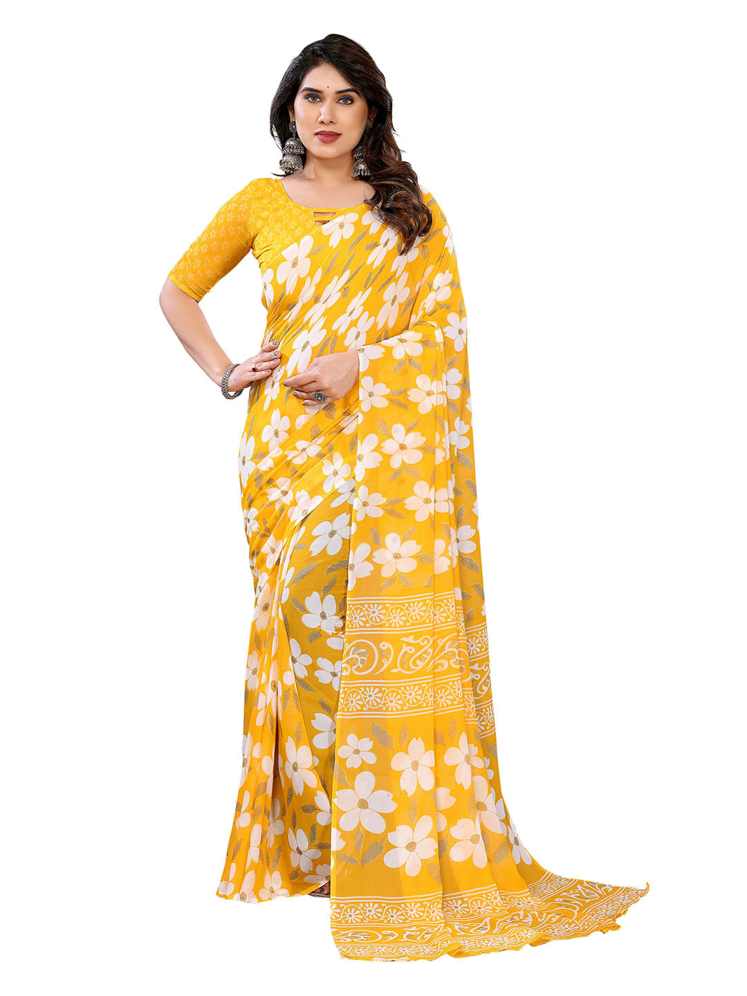 ANAND SAREES Georgette Printed Ilkal Saree With Unstitched Blouse Piece ( Yellow )     			ANAND SAREES Georgette Printed Ilkal Saree With Unstitched Blouse Piece ( Yellow )