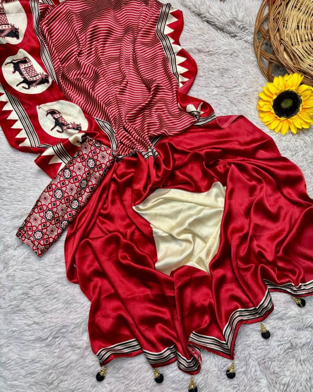 Apnisha Satin Embellished Paithani Sarees With Unstitched Blouse Piece ( Red )     			Apnisha Satin Embellished Paithani Sarees With Unstitched Blouse Piece ( Red )