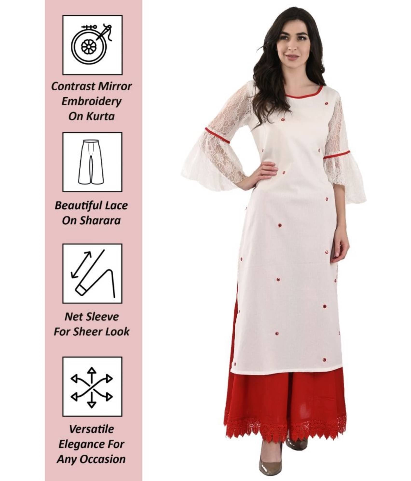 Auraori Women Cotton Embellished Straight Kurti ( White ) Auraori Women Cotton Embellished Straight Kurti ( White )
