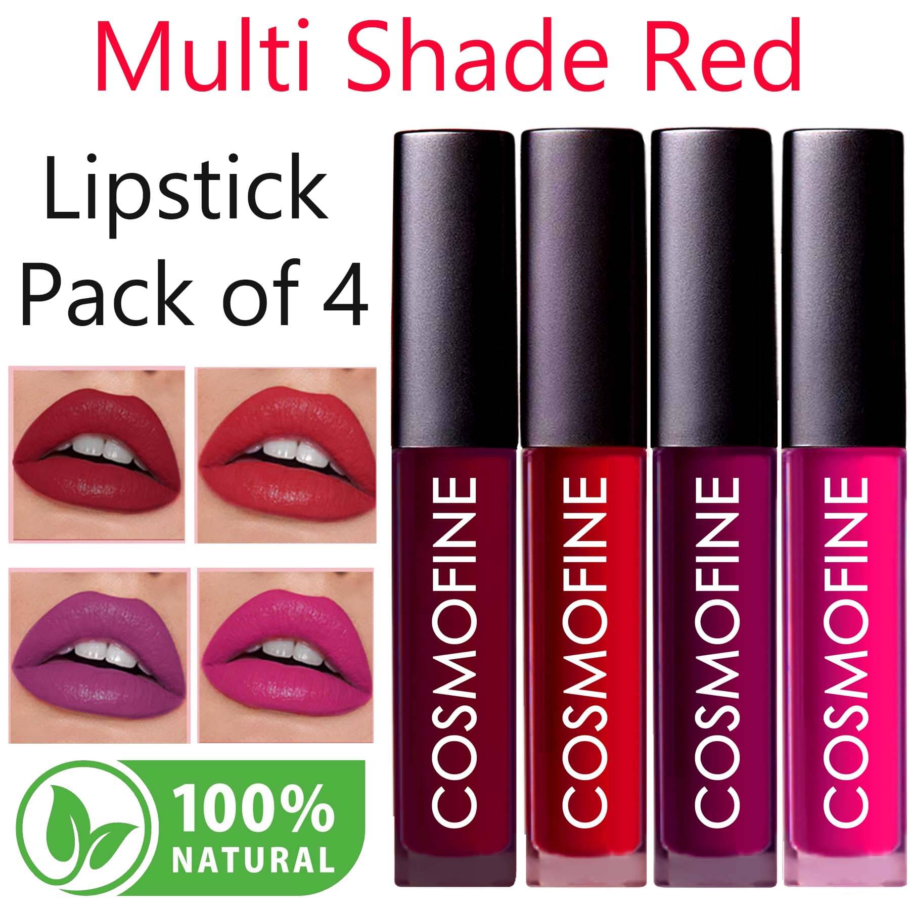     			COSMOFINE Red,Maroon,Magenta,Purple Matte Non Sticky Liquid Lipstick ( Pack of 4 )