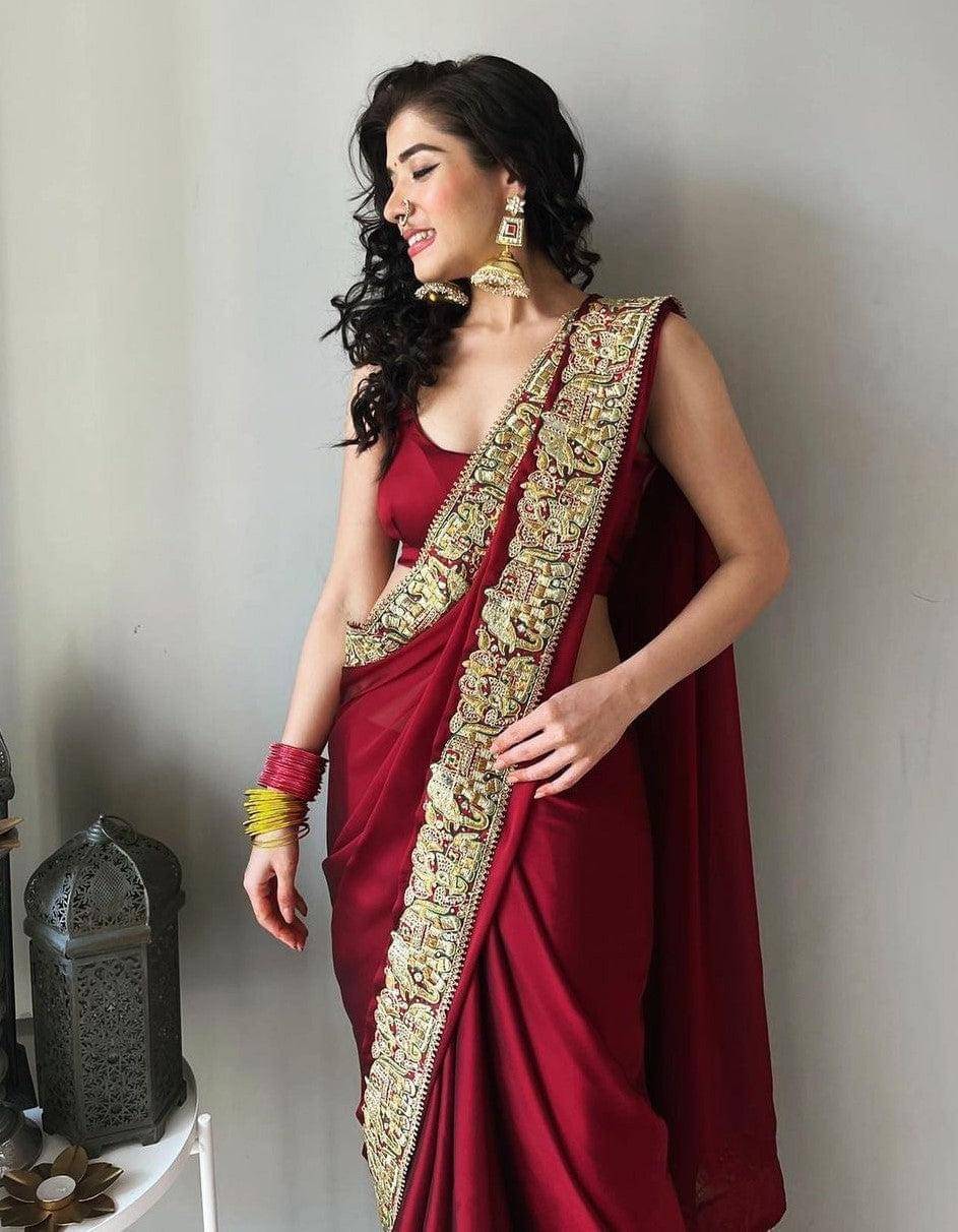 DEBRIS FAB Satin Embroidered Ilkal Saree With Unstitched Blouse Piece ( Maroon ) DEBRIS FAB Satin Embroidered Ilkal Saree With Unstitched Blouse Piece ( Maroon )