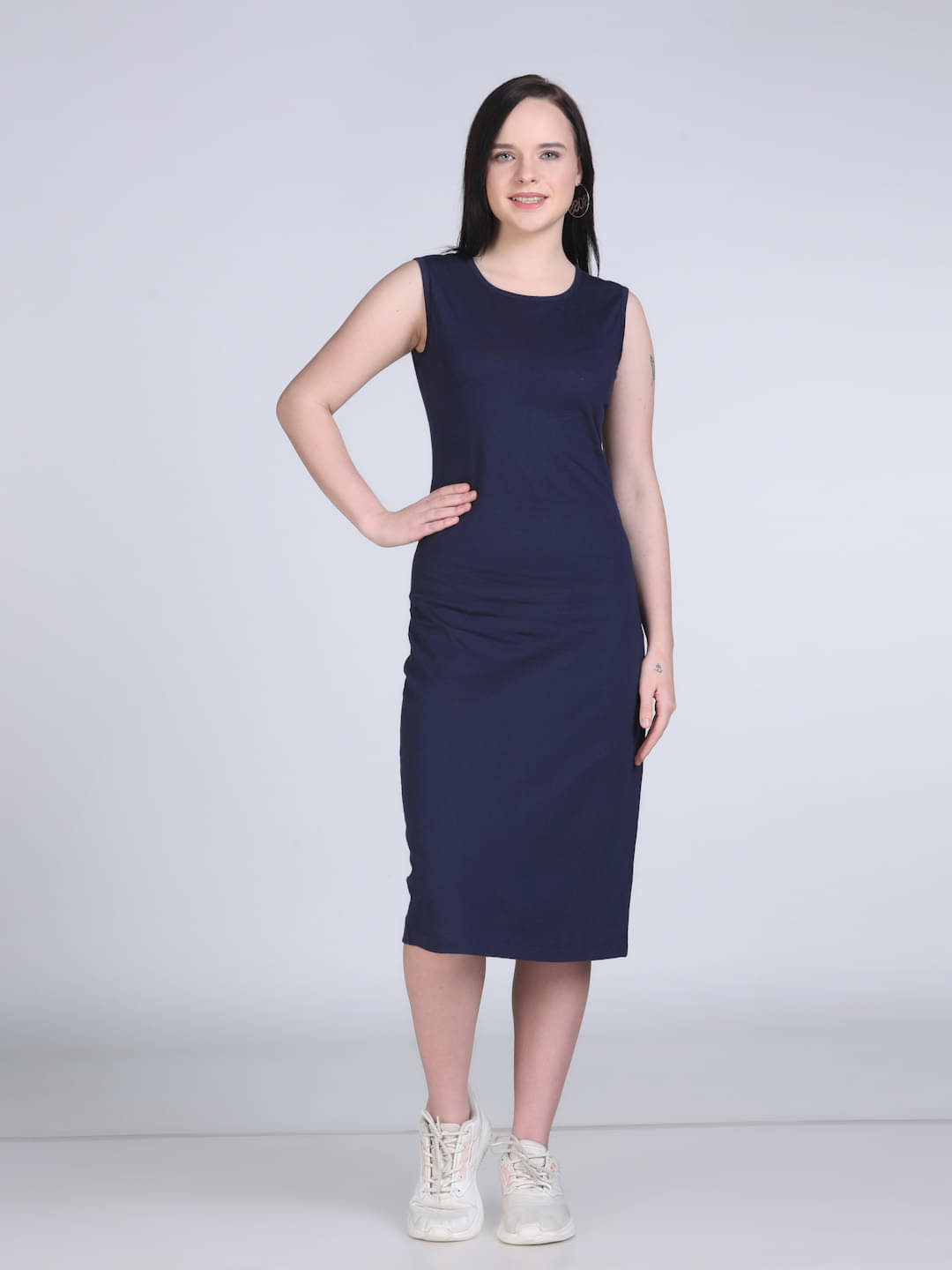    			ETICO Women Cotton Solid Bodycon Dress ( Blue )