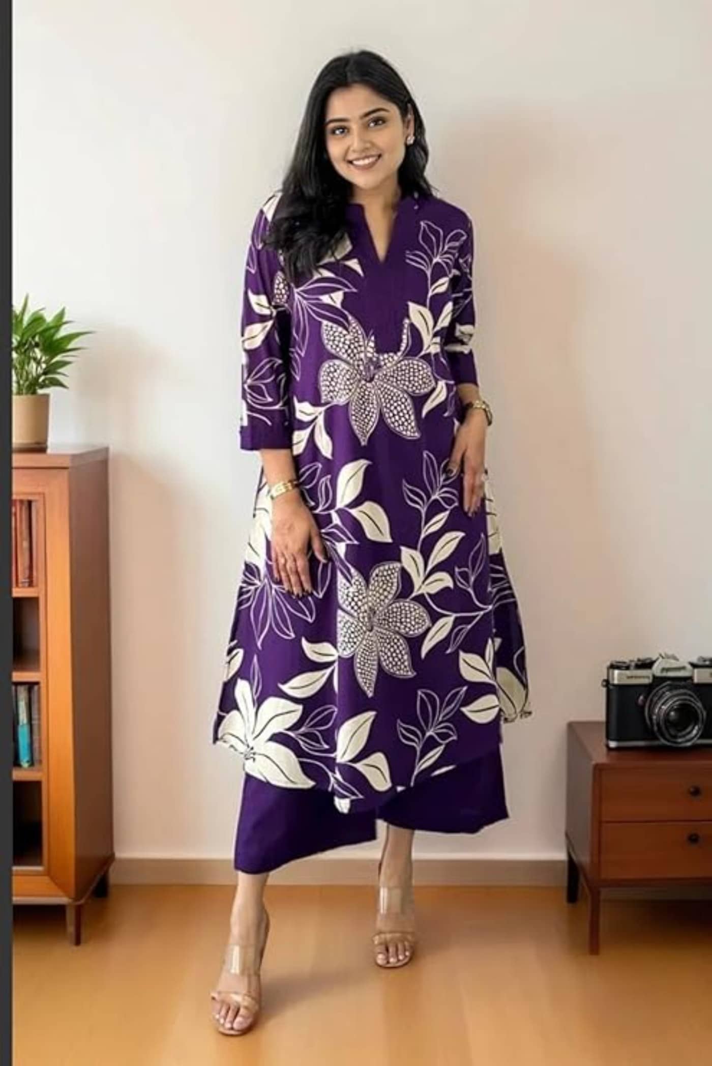 Estela Women Rayon Printed Straight Kurti With Palazzo ( Purple )