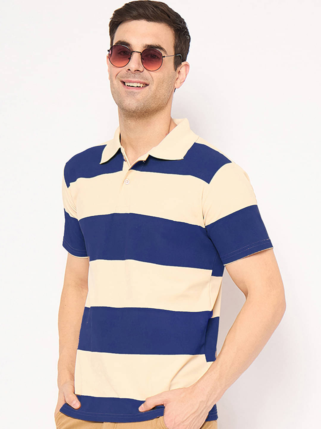     			KASMA Men Cotton Blend Regular Fit Colorblock Polo T Shirt ( Blue )