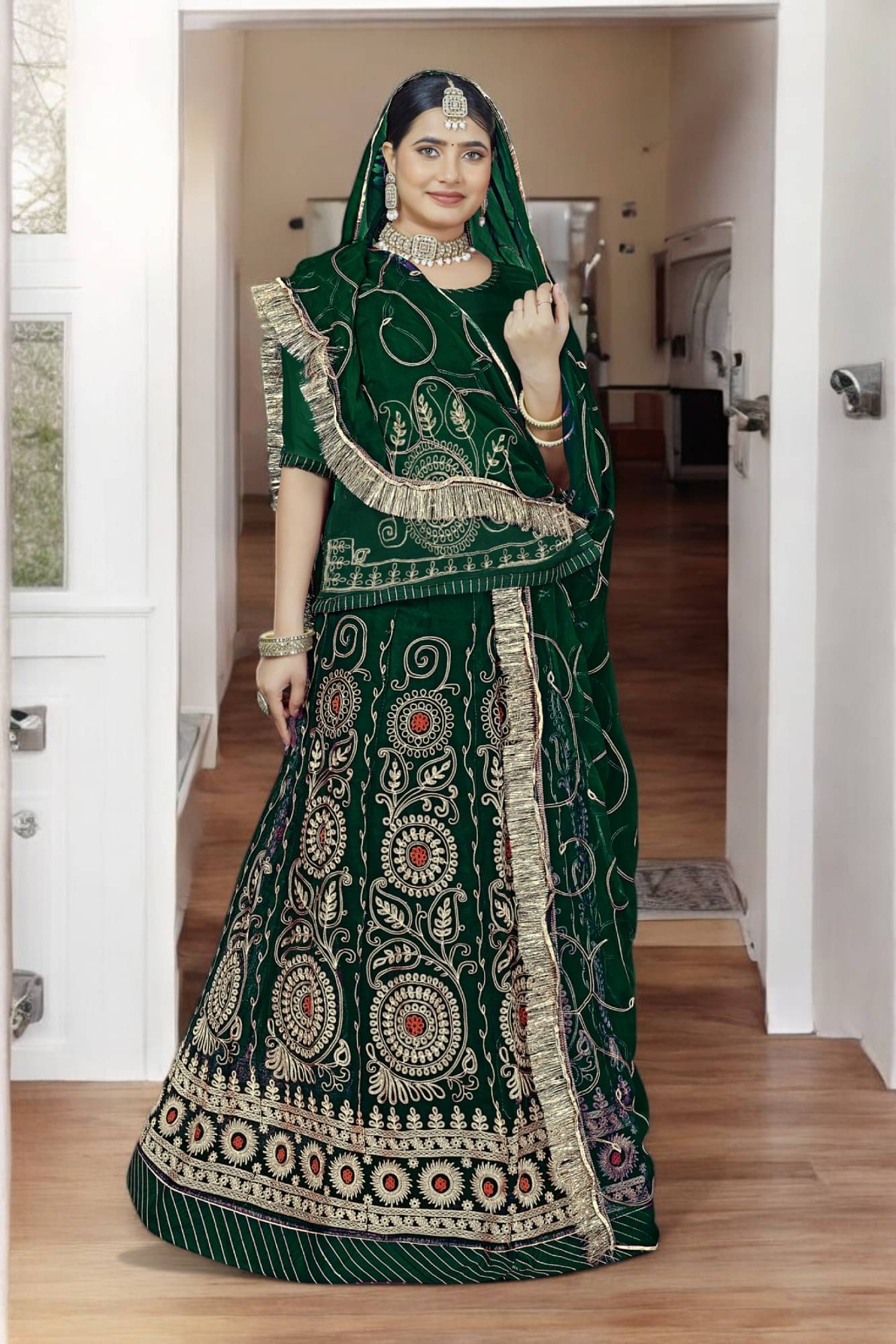     			KATARIYA IMPEX Green Georgette Sharara Stitched Lehenga Single
