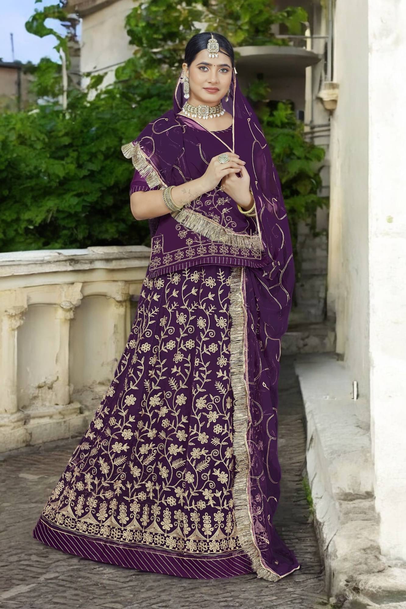     			KATARIYA IMPEX Purple Georgette Sharara Stitched Lehenga Single