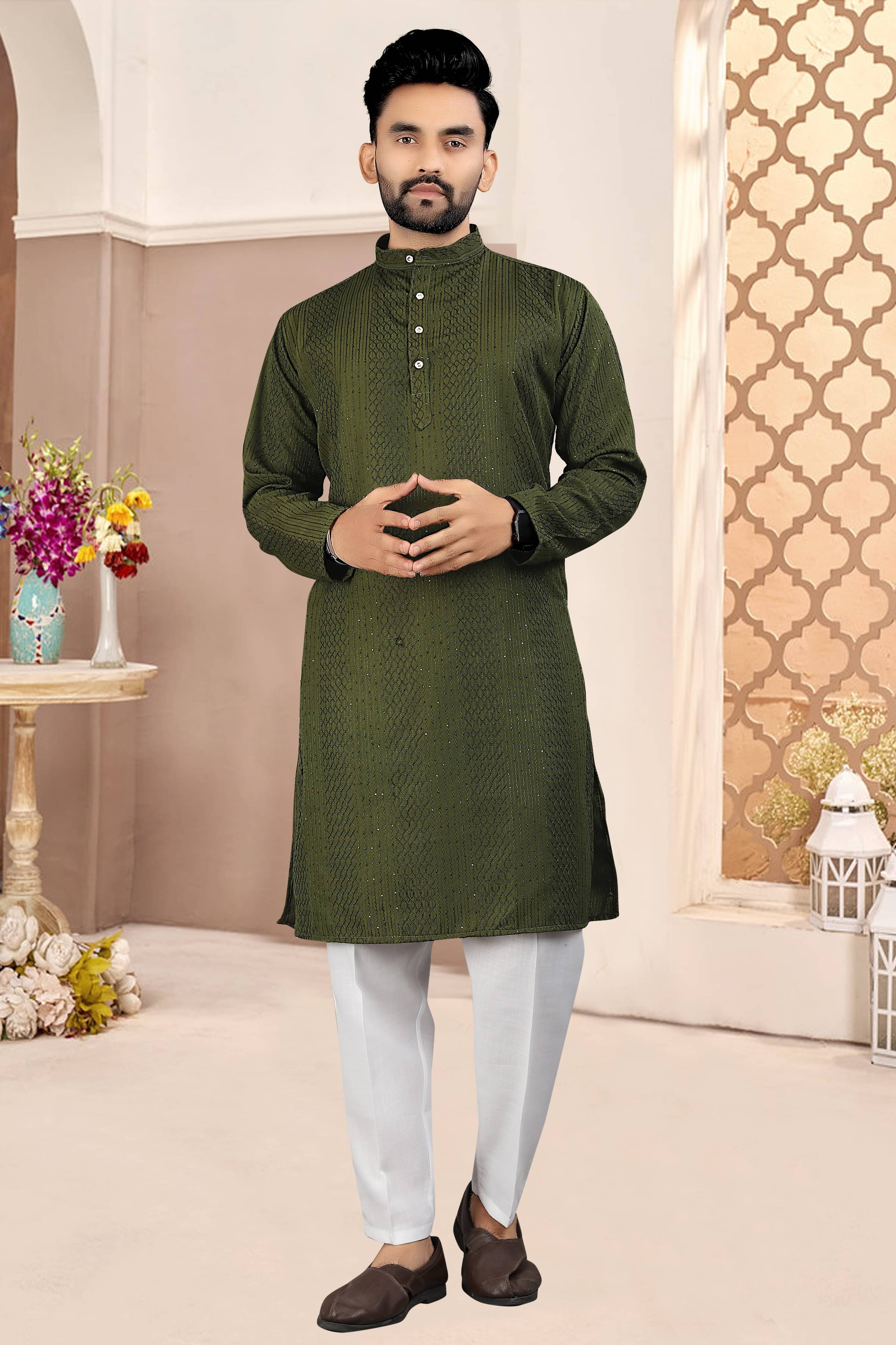 KC Kunj Creation Dark Green Rayon Regular Fit Men's Kurta Pyjama Set ( Pack of 1 ) KC Kunj Creation Dark Green Rayon Regular Fit Men's Kurta Pyjama Set ( Pack of 1 )
