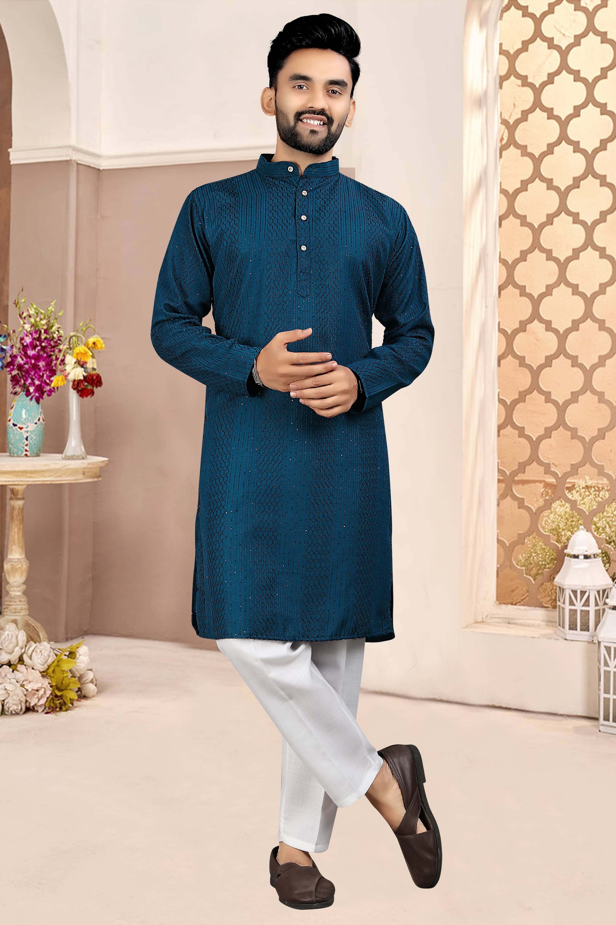     			KC Kunj Creation Navy Rayon Regular Fit Men's Kurta Pyjama Set ( Pack of 1 )