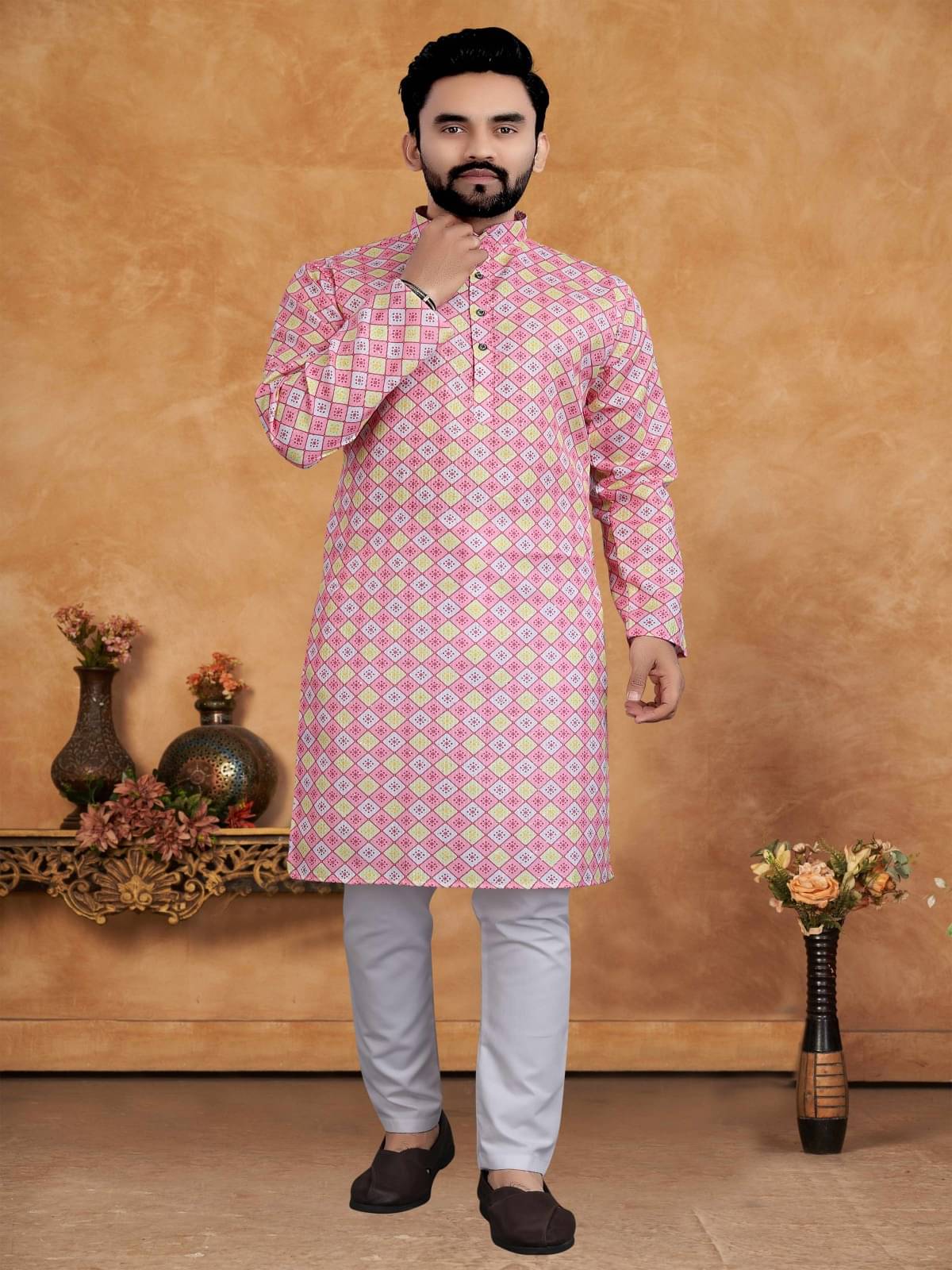 KC Kunj Creation Pink Cotton Blend Regular Fit Men's Kurta Pyjama Set ( Pack of 1 ) KC Kunj Creation Pink Cotton Blend Regular Fit Men's Kurta Pyjama Set ( Pack of 1 )