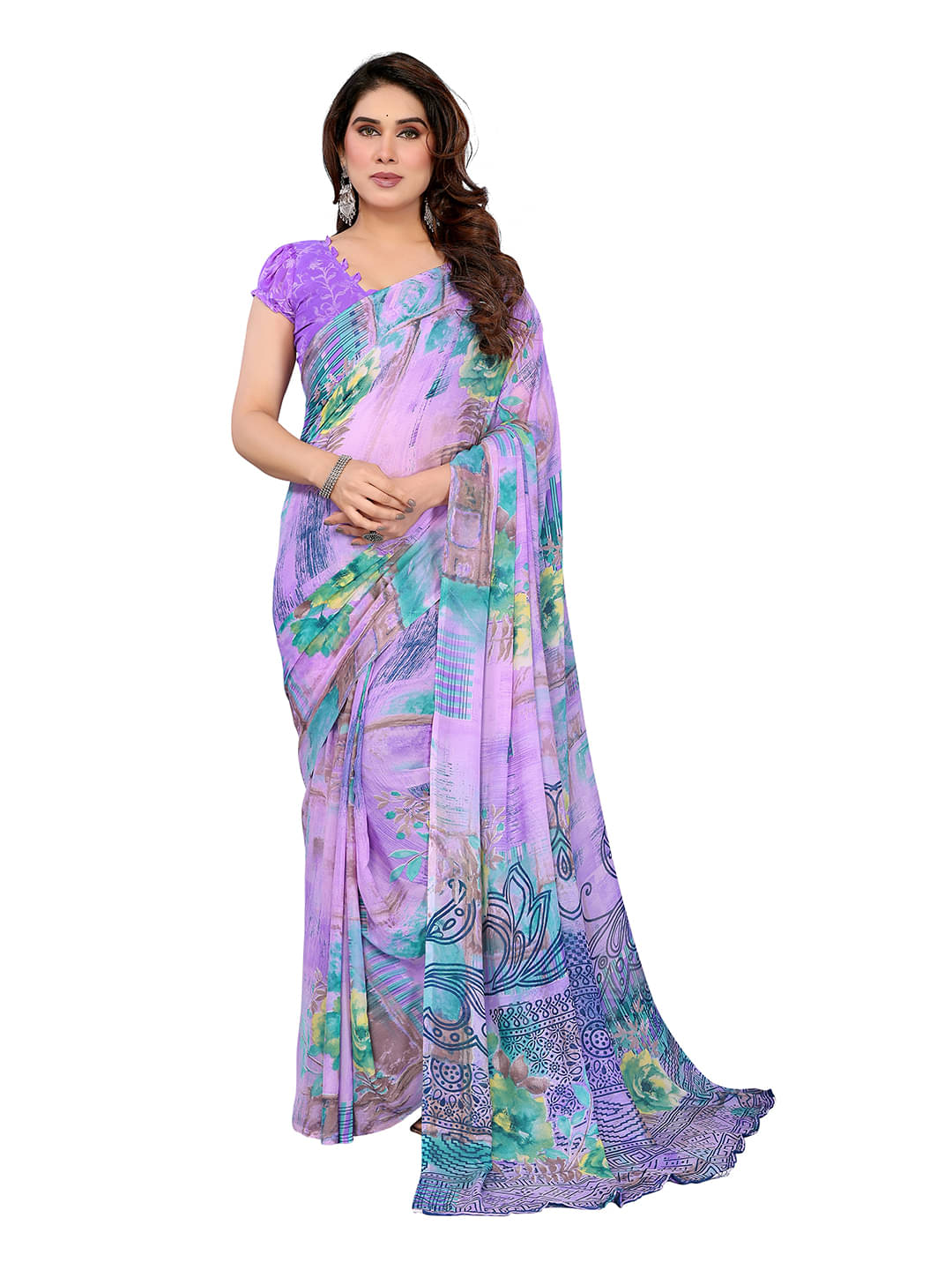     			Kashvi Sarees Georgette Printed Ilkal Saree With Unstitched Blouse Piece ( Purple )