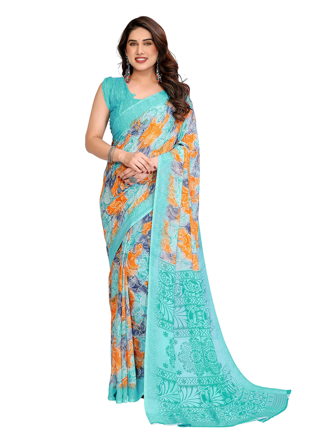 Kashvi Sarees Georgette Printed Ilkal Saree With Unstitched Blouse Piece ( Aqua Blue ) Kashvi Sarees Georgette Printed Ilkal Saree With Unstitched Blouse Piece ( Aqua Blue )