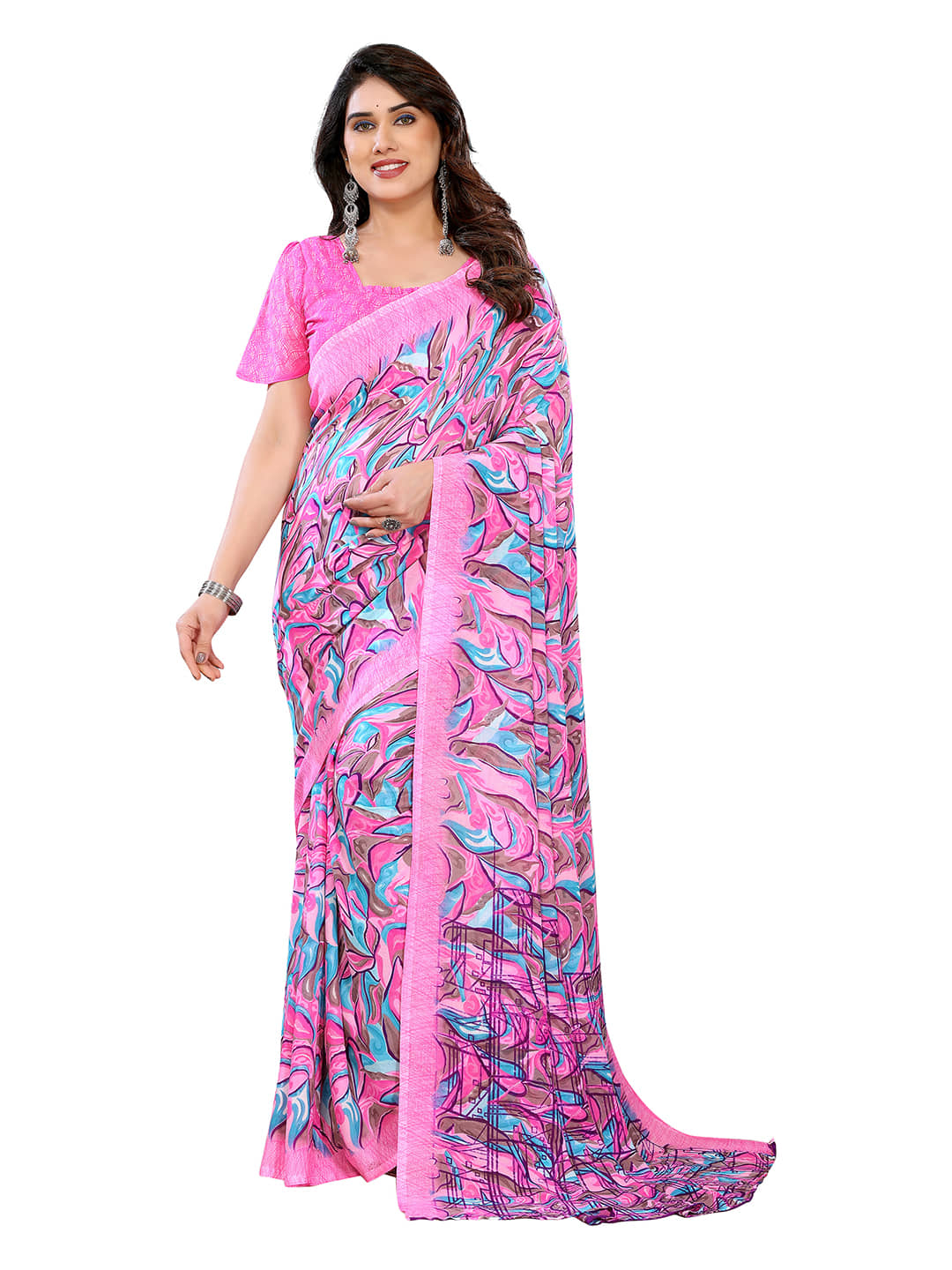 Kashvi Sarees Georgette Printed Ilkal Saree With Unstitched Blouse Piece ( Pink ) - Sarees | Buy online on ZillyBuy