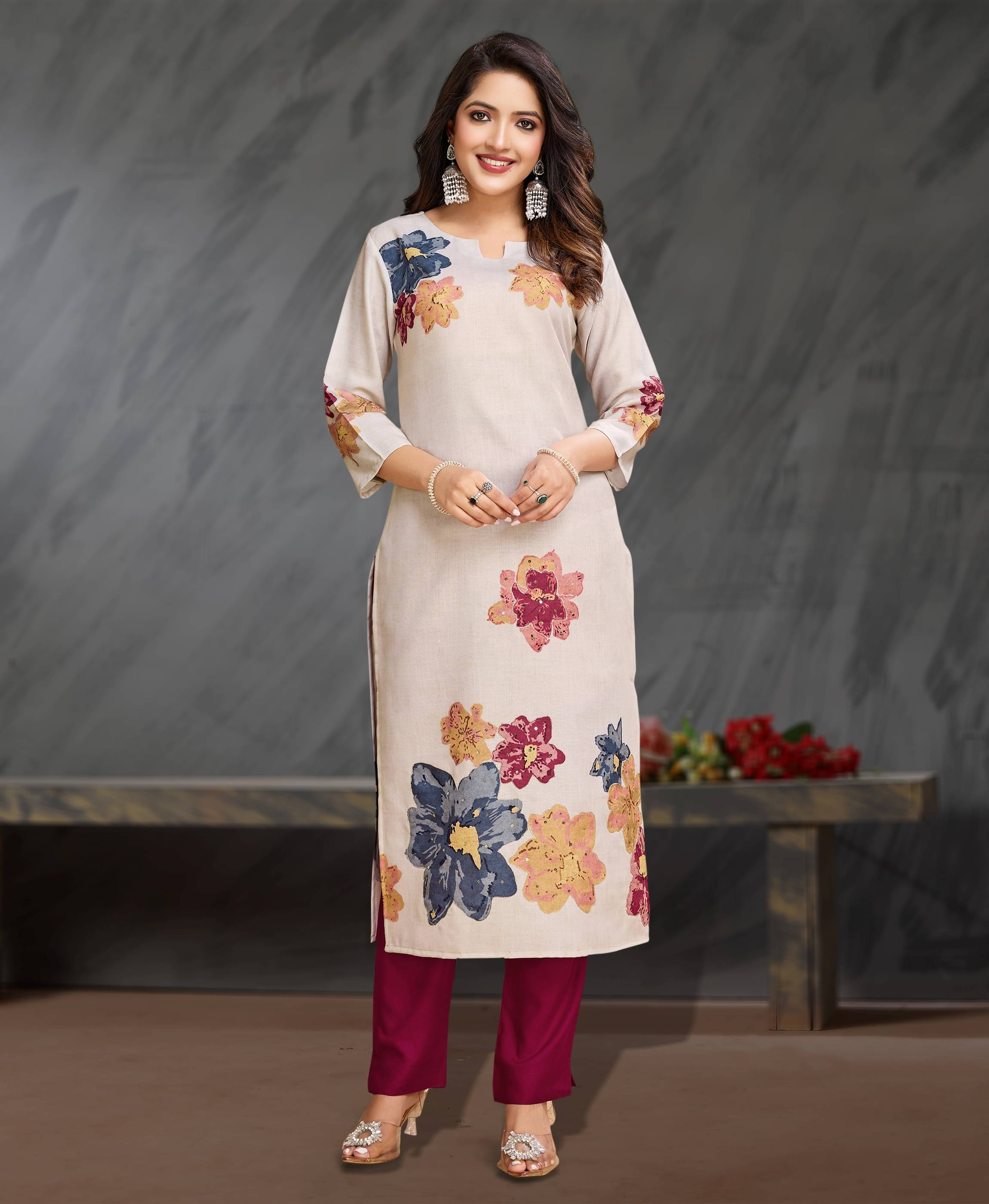 MOJILAA Women Linen Printed Straight Kurti With Pants ( Beige ) MOJILAA Women Linen Printed Straight Kurti With Pants ( Beige )