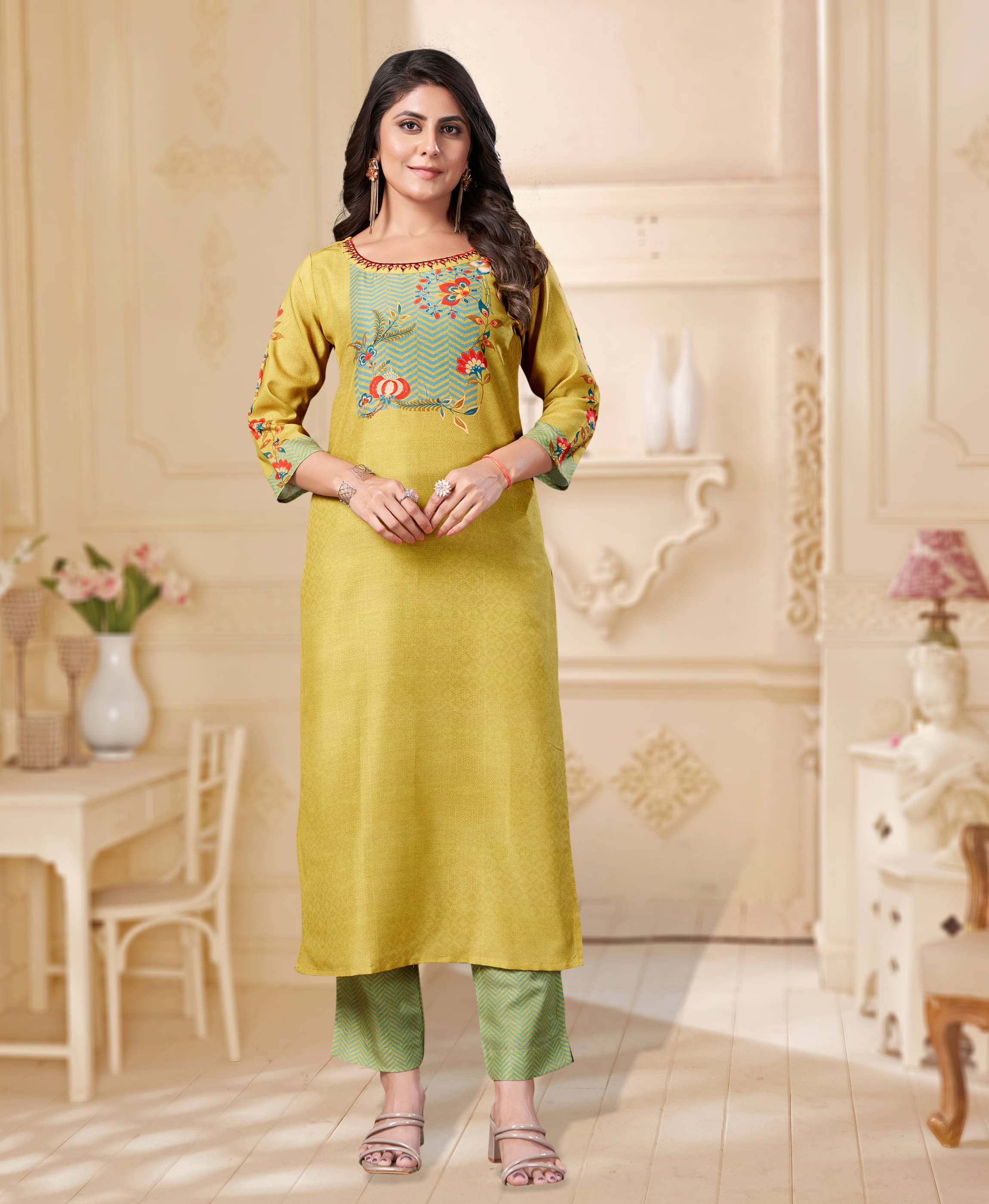 MOJILAA Women Polyester Printed Straight Kurti With Pants ( Mustard )     			MOJILAA Women Polyester Printed Straight Kurti With Pants ( Mustard )