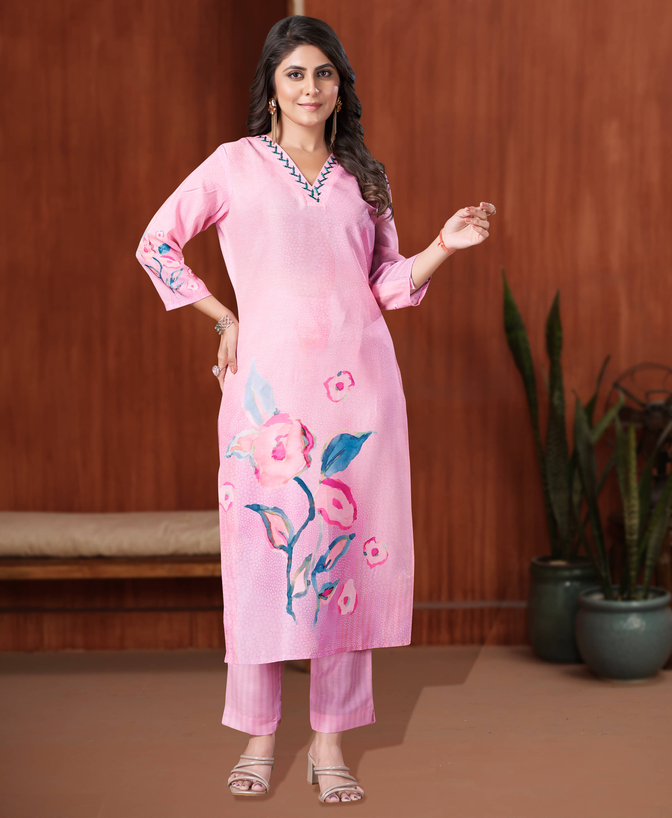 MOJILAA Women Polyester Printed Straight Kurti With Pants ( Pink )     			MOJILAA Women Polyester Printed Straight Kurti With Pants ( Pink )
