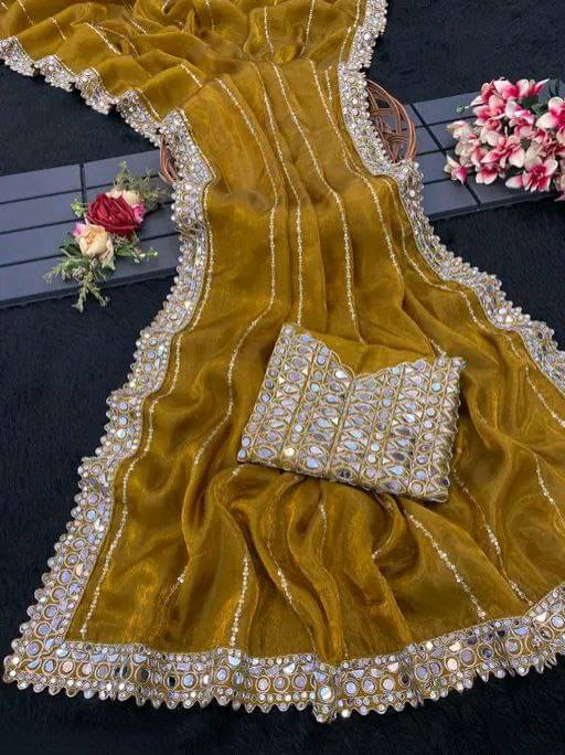     			Nil Madhav Art Silk Blend Embroidered Phulkari saree With Unstitched Blouse Piece ( Mustard )