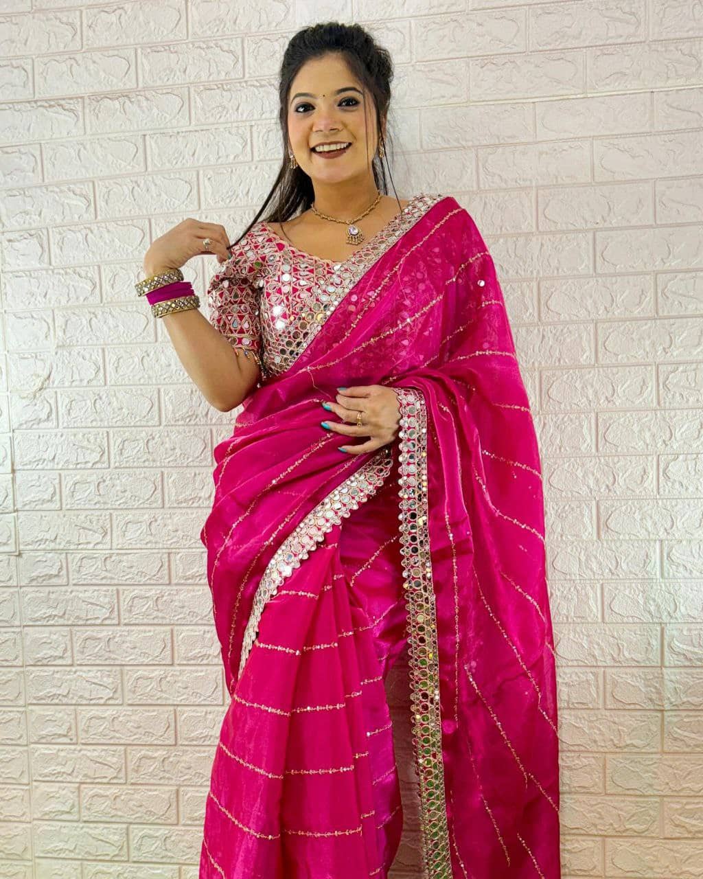 Nil Madhav Art Silk Blend Embroidered Phulkari saree With Unstitched Blouse Piece ( Pink ) - Sarees | Buy online on ZillyBuy