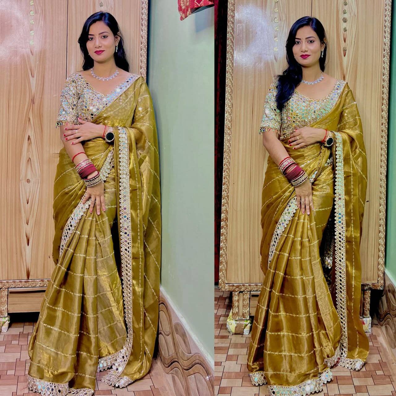 Nil Madhav Art Silk Blend Embroidered Phulkari saree With Unstitched Blouse Piece ( Mustard ) - Sarees | Buy online on ZillyBuy