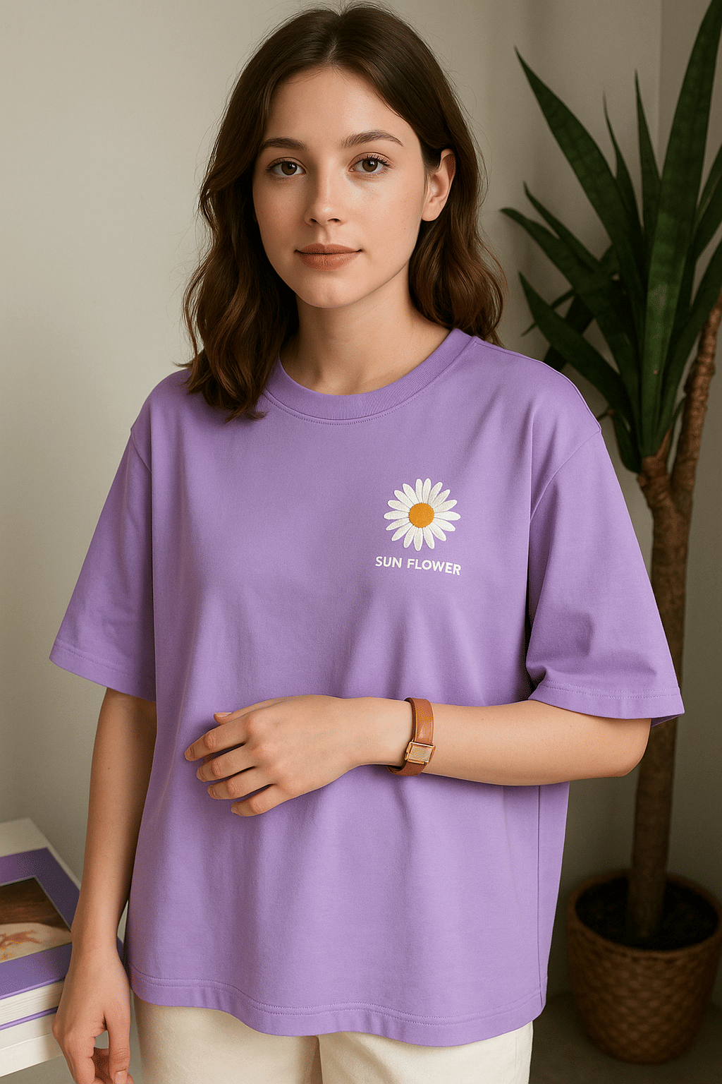     			SF 33 Women Cotton Blend Printed Oversized Fit Round Neck T-Shirt ( Lavender )