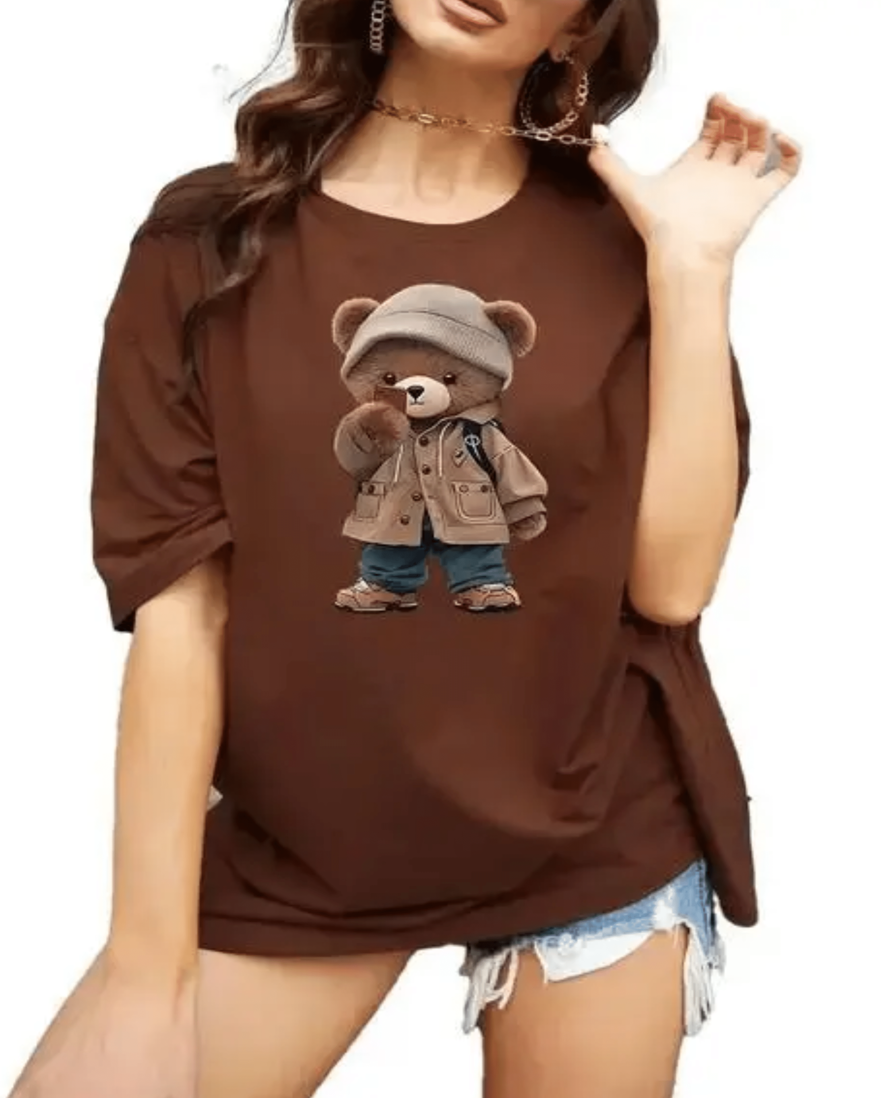     			SF 33 Women Cotton Blend Printed Oversized Fit Round Neck T-Shirt ( Brown )