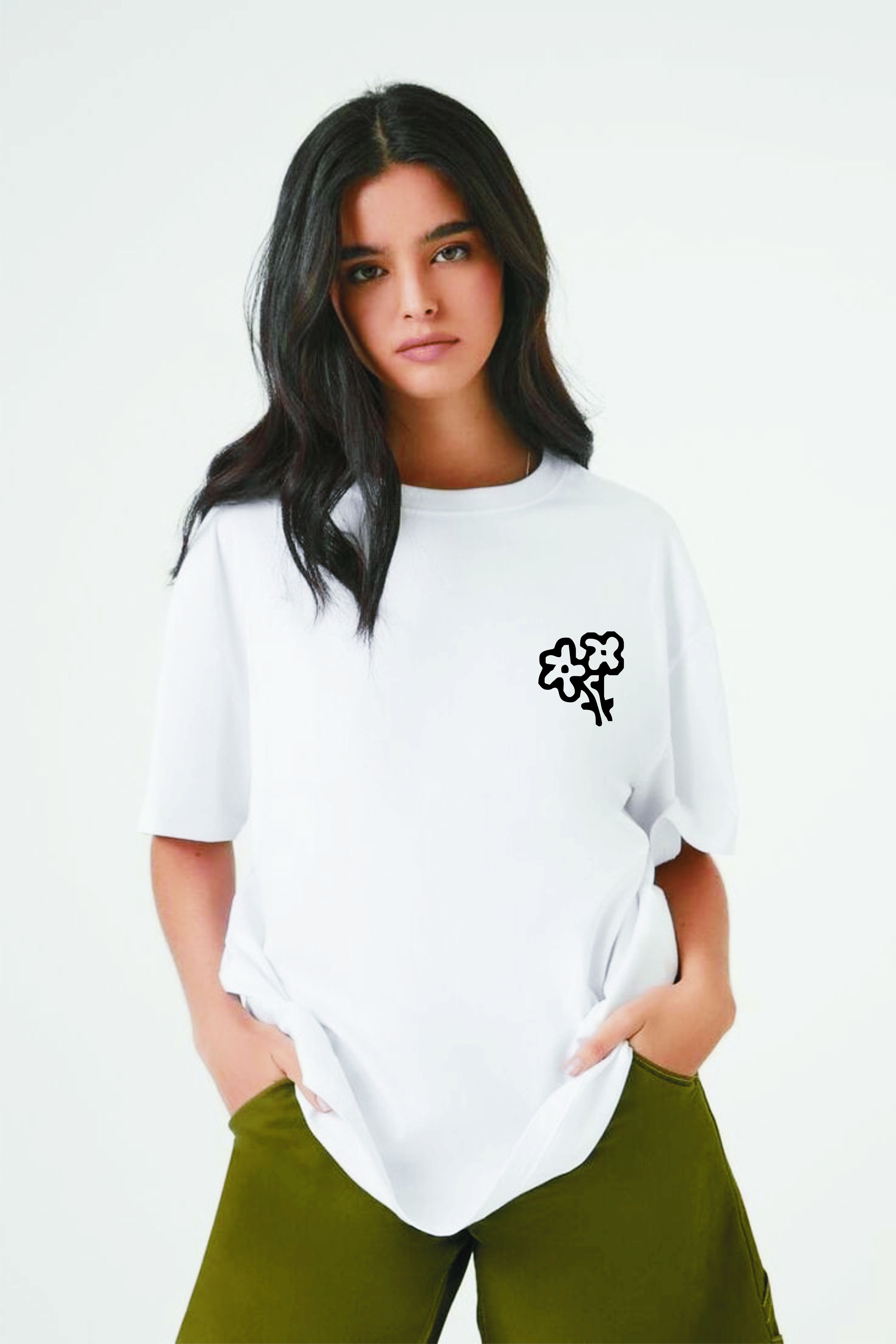     			SF 33 Women Cotton Blend Printed Oversized Fit Round Neck T-Shirt ( White )