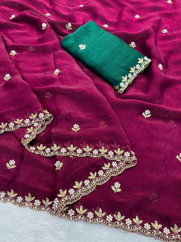 SHRIMORI Chiffon Embellished Maheshwari Saree With Unstitched Blouse Piece ( Wine ) SHRIMORI Chiffon Embellished Maheshwari Saree With Unstitched Blouse Piece ( Wine )
