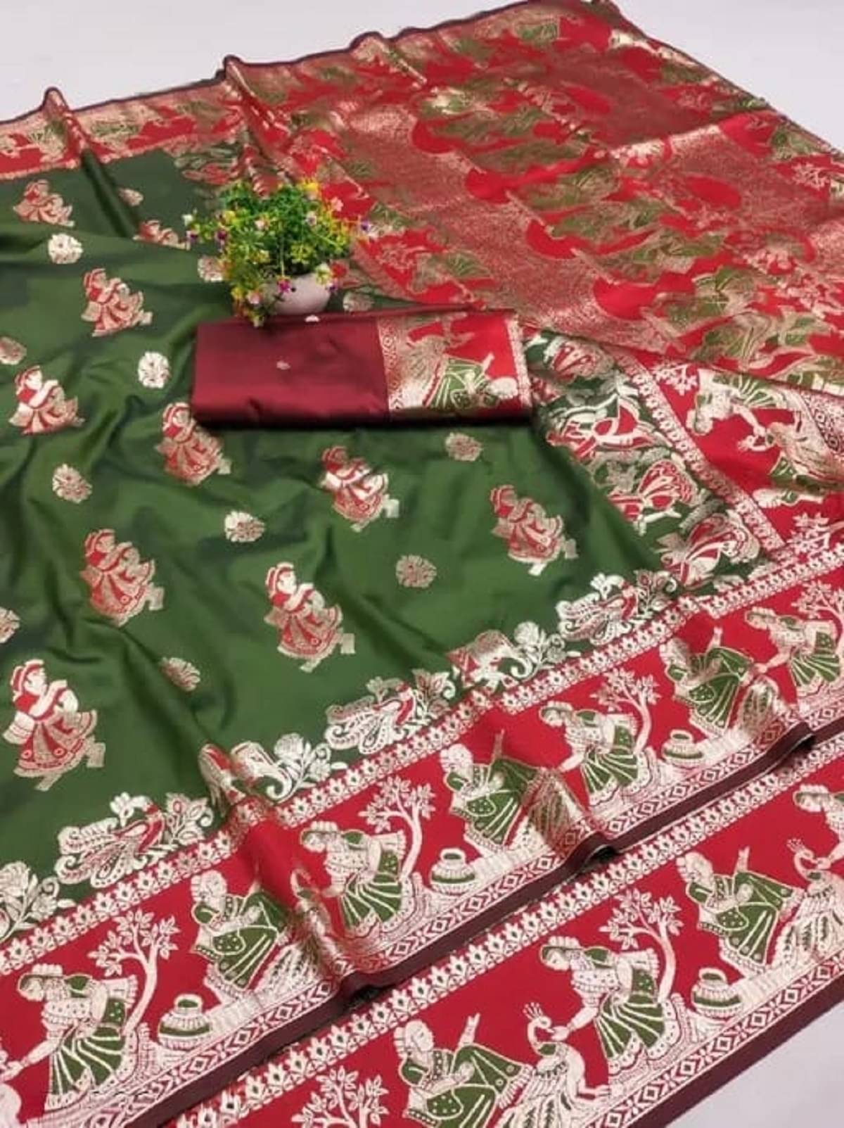 Semore Art Silk Embellished Baluchari Saree With Unstitched Blouse Piece ( Green ) Semore Art Silk Embellished Baluchari Saree With Unstitched Blouse Piece ( Green )