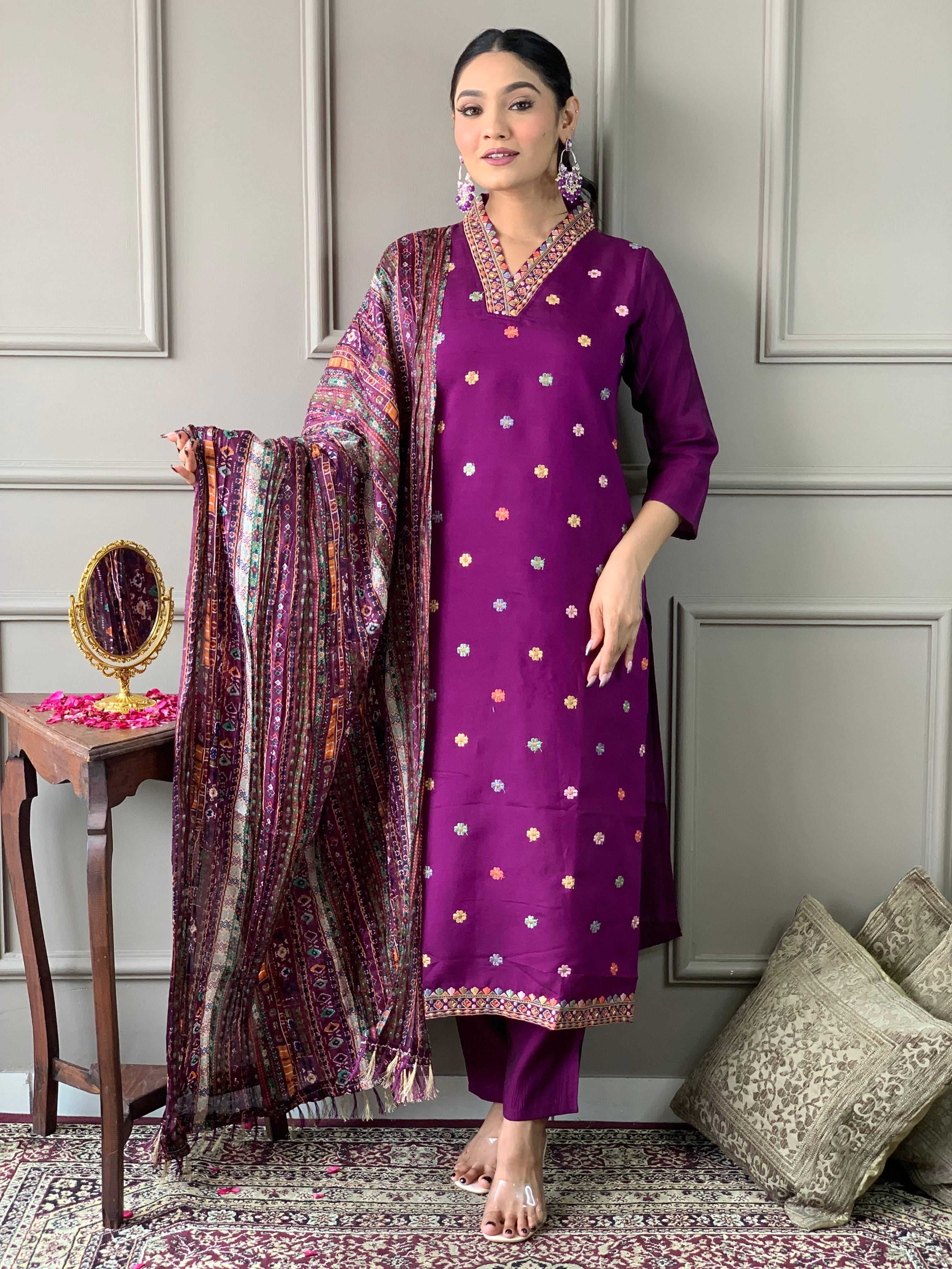 THE52 Women Chanderi Silk Embroidered Straight Kurti With Pants ( Purple )     			THE52 Women Chanderi Silk Embroidered Straight Kurti With Pants ( Purple )