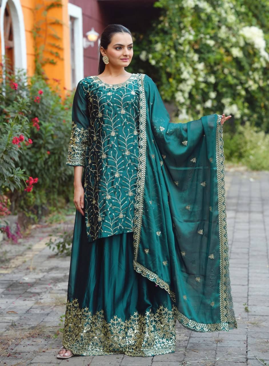 THE52 Women Cotton Blend Embroidered Straight Kurti With Skirt ( Teal )     			THE52 Women Cotton Blend Embroidered Straight Kurti With Skirt ( Teal )
