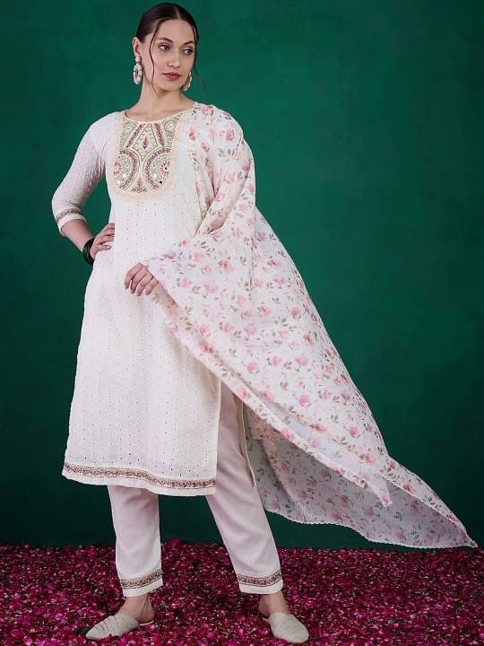     			THE52 Women Cotton Embroidered Straight Kurti With Pants ( White )