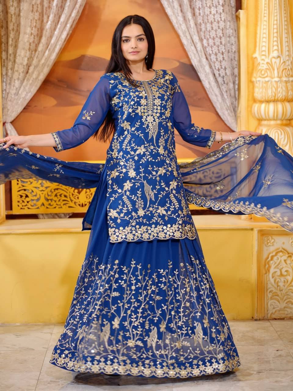 THE52 Women Georgette Embroidered Straight Kurti With Sharara And Gharara ( Blue ) THE52 Women Georgette Embroidered Straight Kurti With Sharara And Gharara ( Blue )