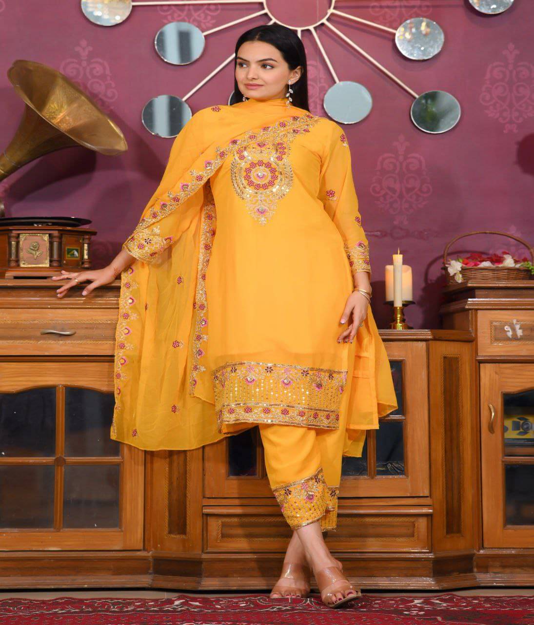     			THE52 Women Georgette Embroidered Straight Kurti With Pants ( Yellow )