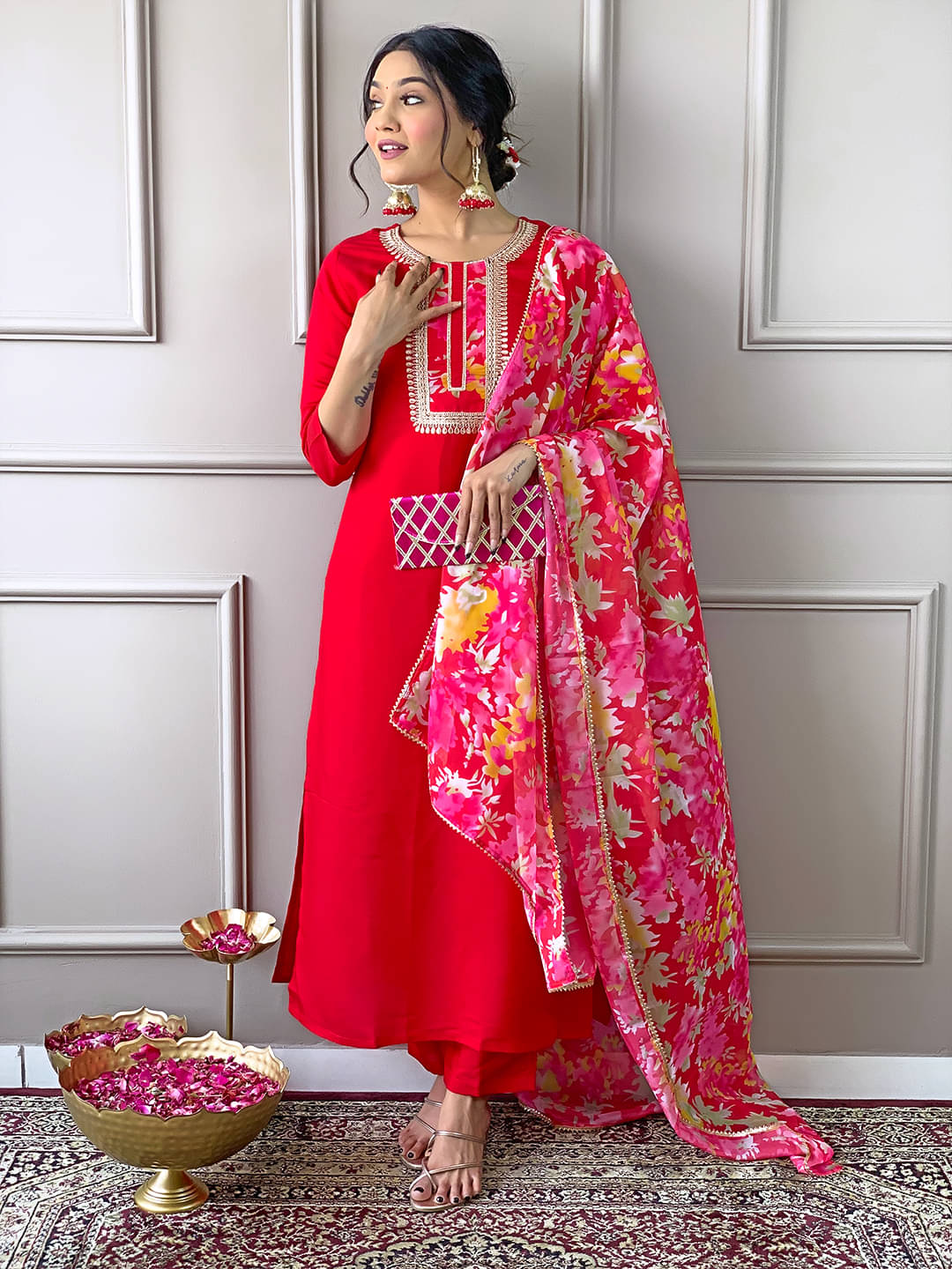 THE52 Women Rayon Embroidered Straight Kurti With Pants ( Red ) THE52 Women Rayon Embroidered Straight Kurti With Pants ( Red )