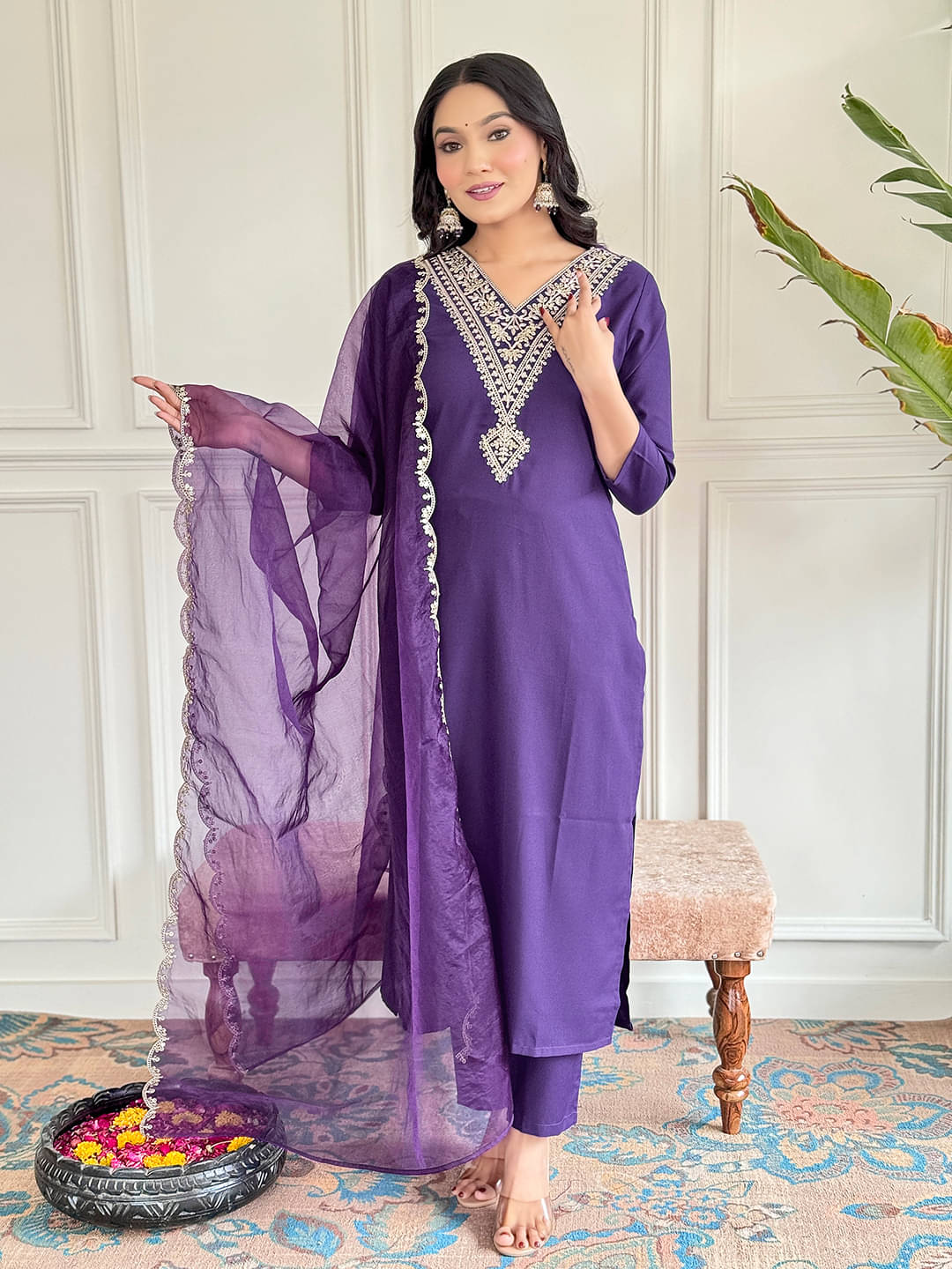     			THE52 Women Rayon Embroidered Straight Kurti With Pants ( Violet )