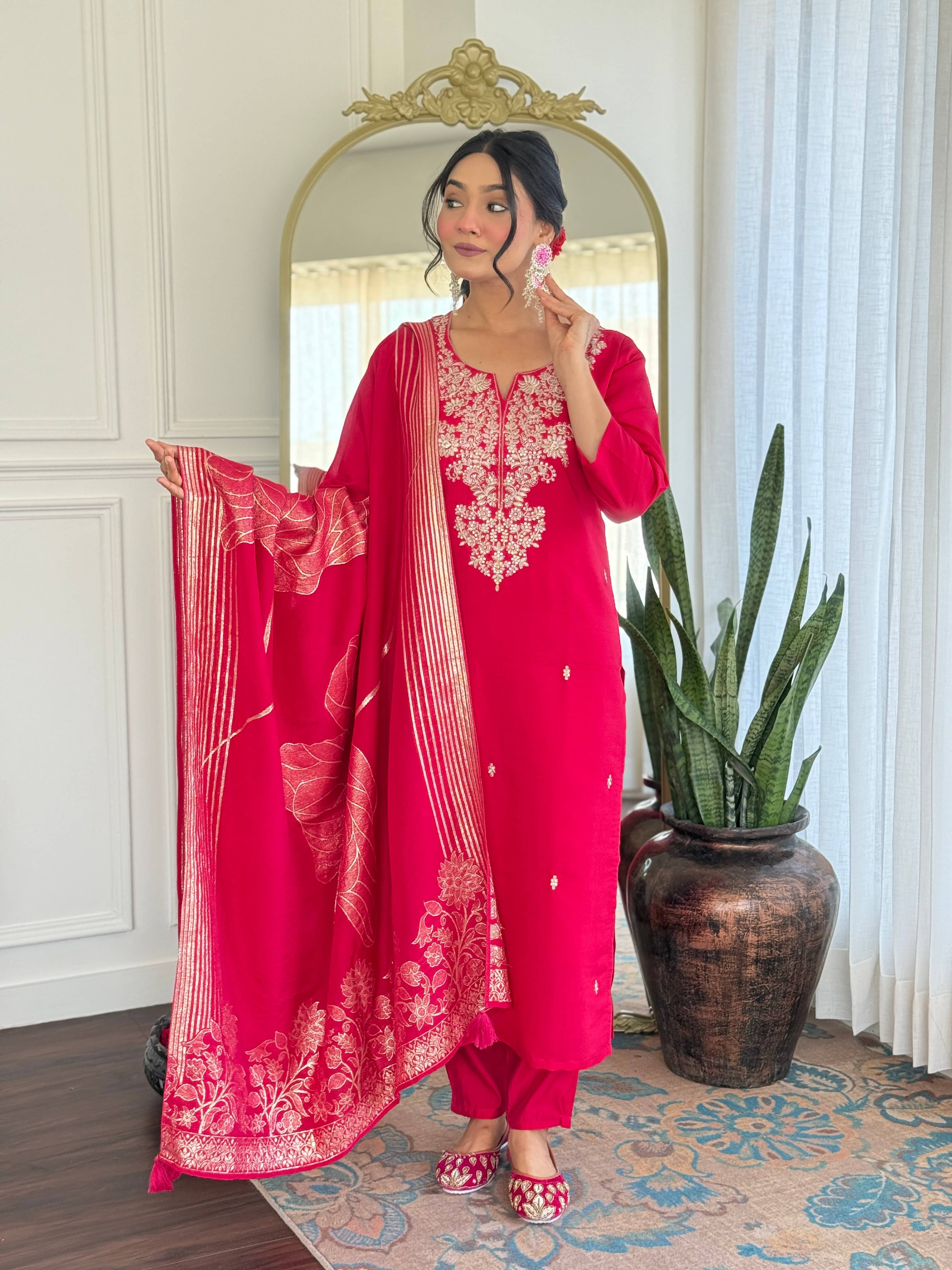     			THE52 Women Silk Blend Embroidered Straight Kurti With Pants ( Pink )