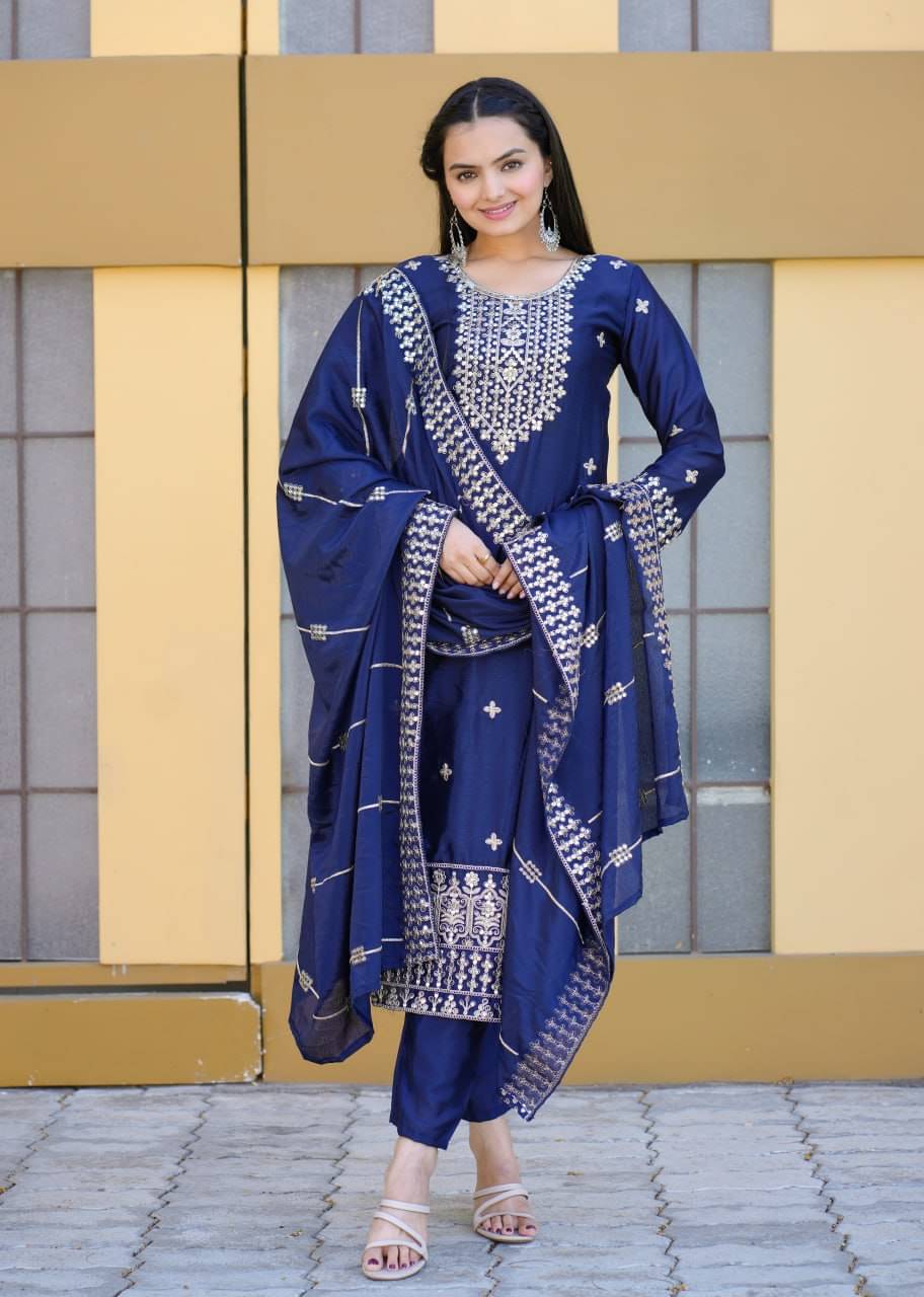 THE52 Women Silk Blend Embroidered Straight Kurti With Pants ( Blue ) THE52 Women Silk Blend Embroidered Straight Kurti With Pants ( Blue )