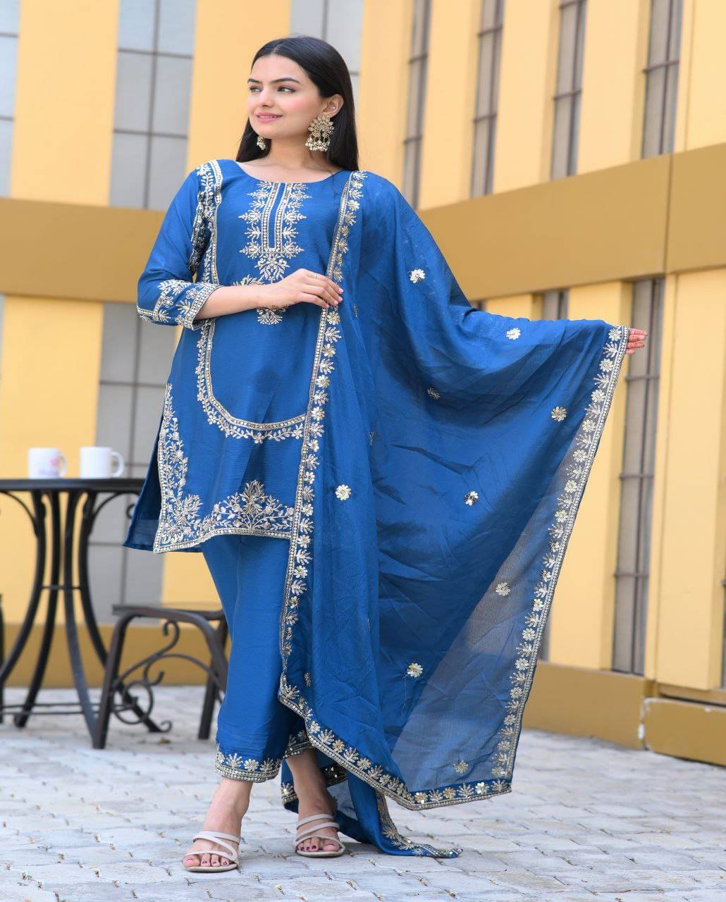 THE52 Women Silk Blend Embroidered Straight Kurti With Pants ( Blue ) THE52 Women Silk Blend Embroidered Straight Kurti With Pants ( Blue )