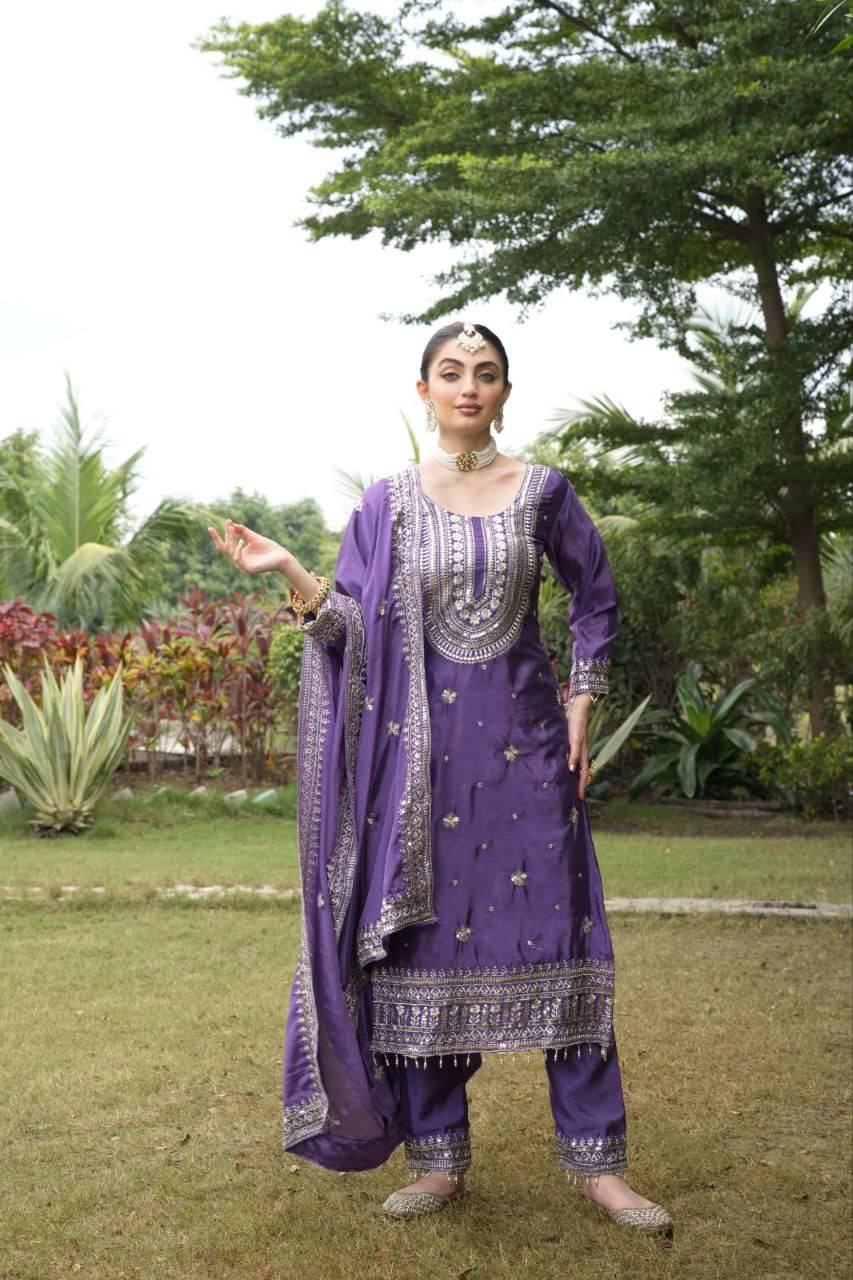 THE52 Women Silk Blend Embroidered Straight Kurti With Pants ( Purple ) THE52 Women Silk Blend Embroidered Straight Kurti With Pants ( Purple )