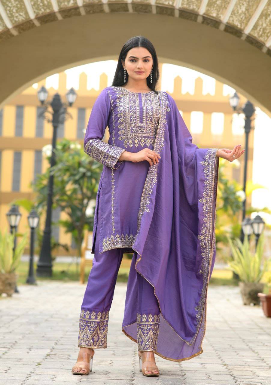 THE52 Women Silk Blend Embroidered Straight Kurti With Pants ( Purple ) THE52 Women Silk Blend Embroidered Straight Kurti With Pants ( Purple )