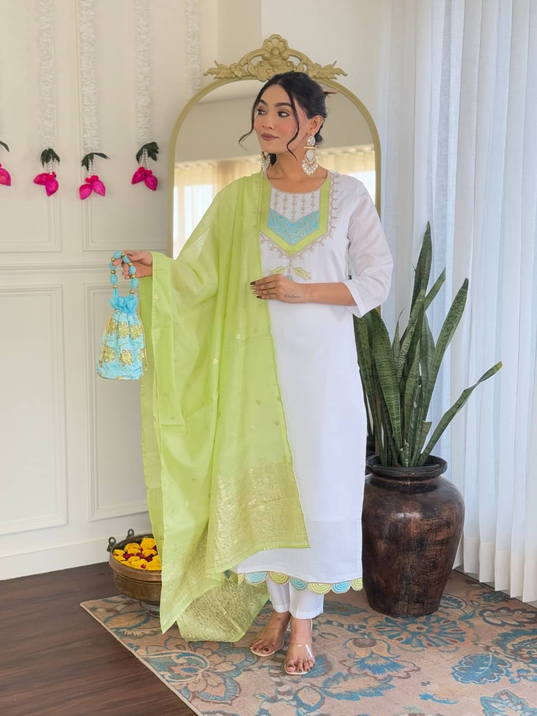     			THE52 Women Viscose Embroidered Straight Kurti With Pants ( White )