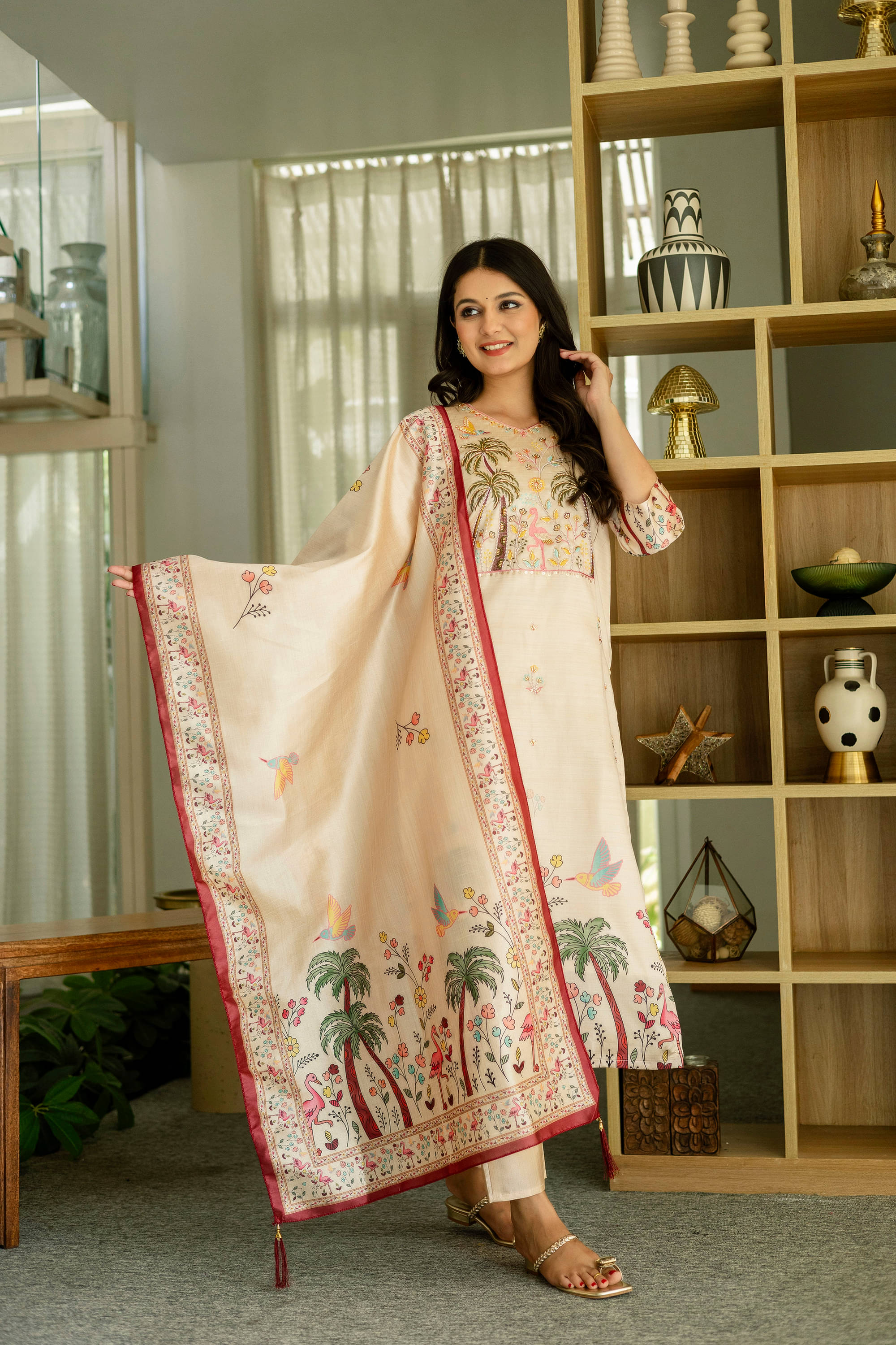     			THE52 Women Viscose Embroidered Straight Kurti With Pants ( Brown )