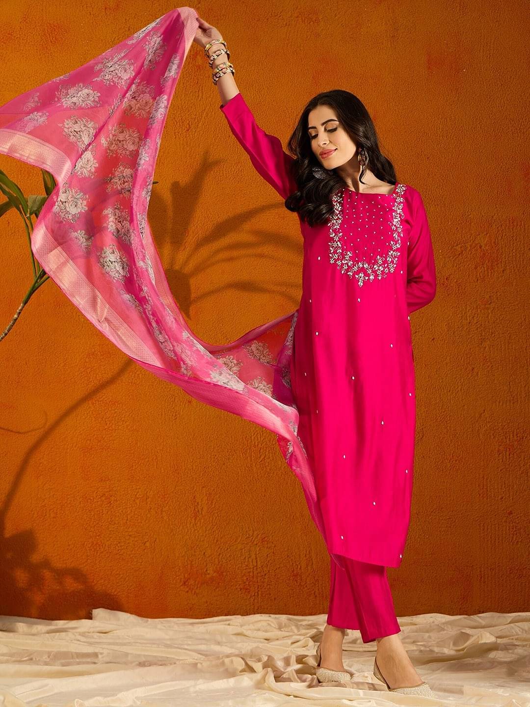     			THE52 Women Viscose Embroidered Straight Kurti With Pants ( Pink )