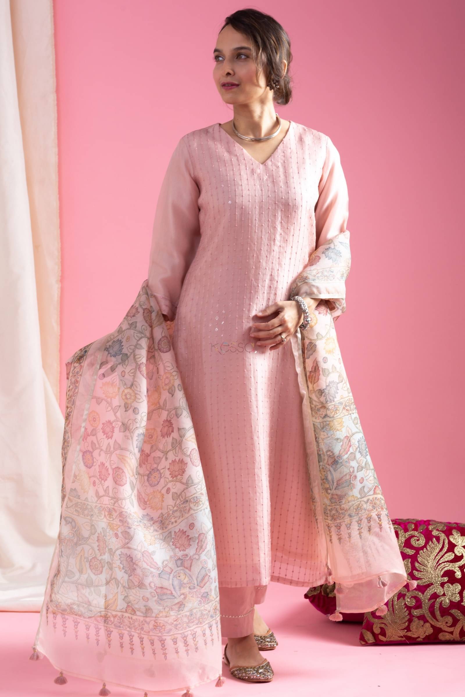     			THE52 Women Viscose Embroidered Straight Kurti With Pants ( Pink )