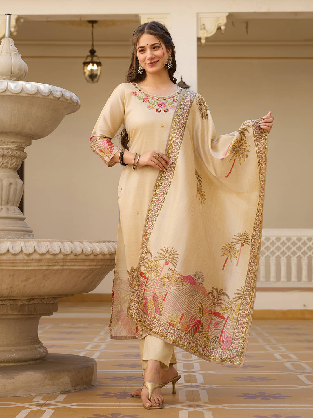     			THE52 Women Viscose Printed Straight Kurti With Pants ( Brown )