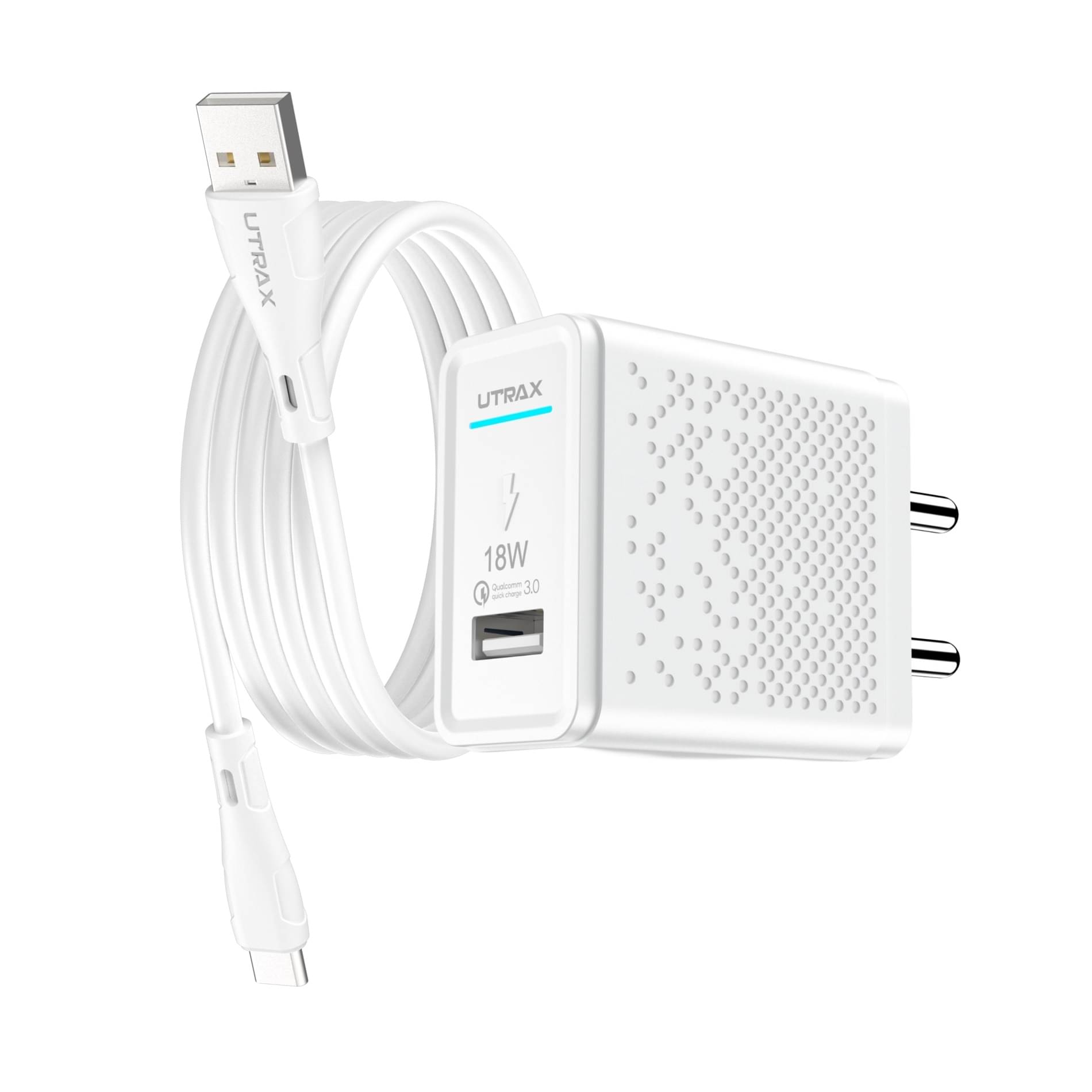     			UTRAX 18 W Qualcomm 3.0 3 A Wall Charger for Mobile with Detachable Cable  (White, Cable Included)