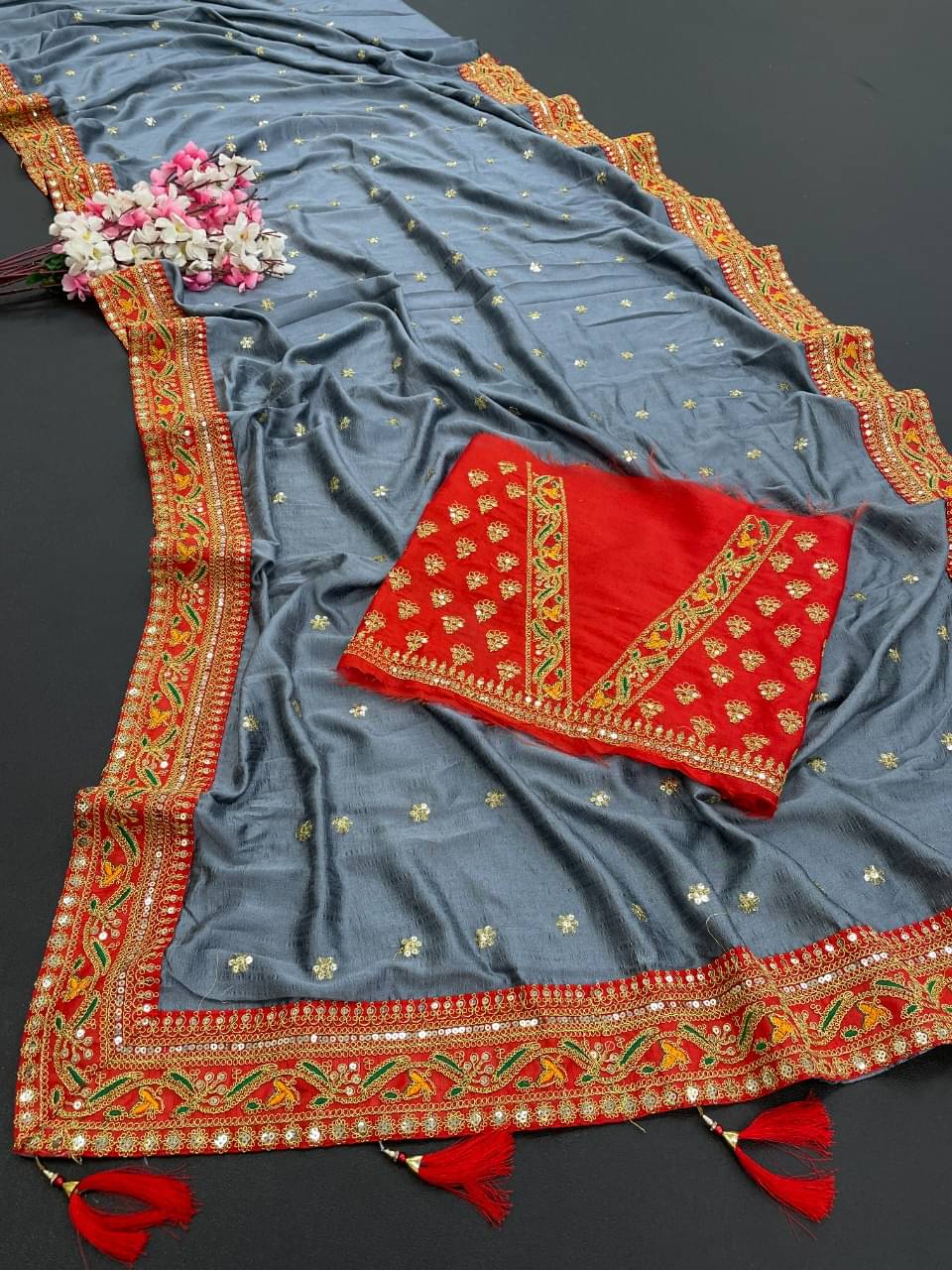 V FANCY Art Silk Embroidered Chanderi saree With Unstitched Blouse Piece ( Grey ) V FANCY Art Silk Embroidered Chanderi saree With Unstitched Blouse Piece ( Grey )