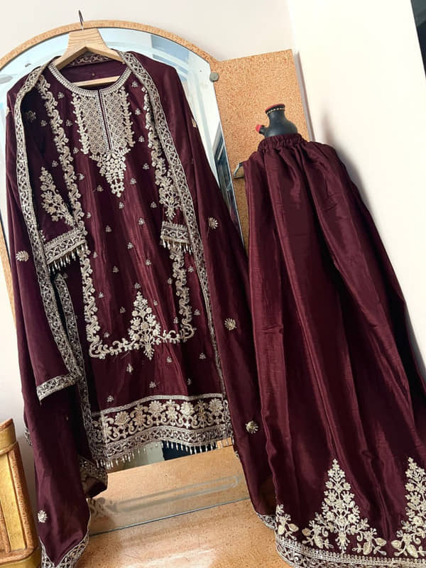 VYOM EMPORIO Women Silk Embroidered Straight Kurti With Sharara And Gharara ( Coffee )